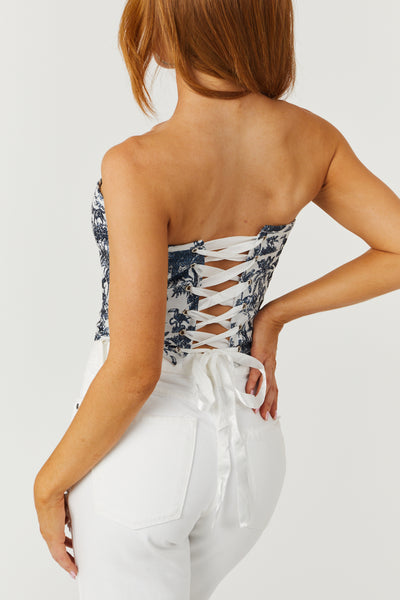 Navy Floral Print Strapless Lace Up Corset Top