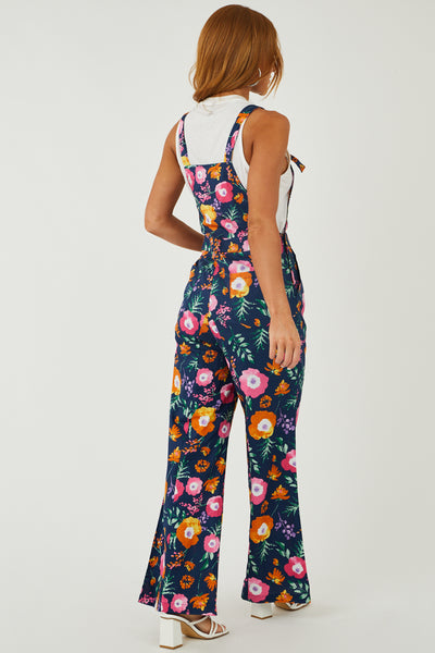 Navy Floral Print Tie Strap Woven Overalls