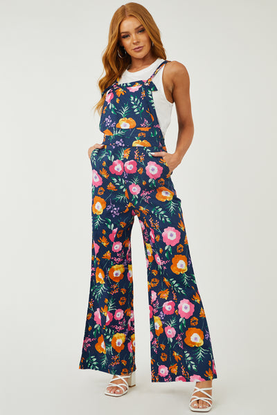Navy Floral Print Tie Strap Woven Overalls