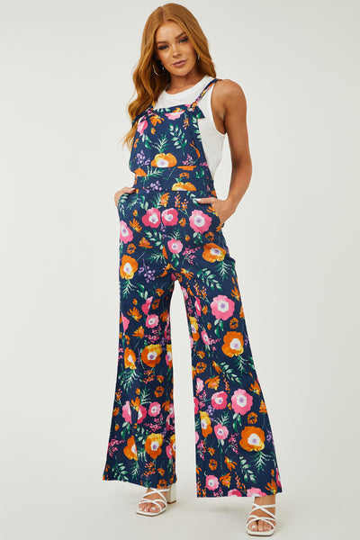 Navy Floral Print Tie Strap Woven Overalls