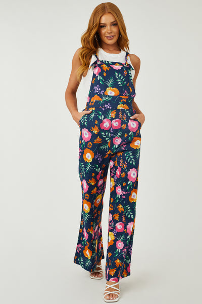 Navy Floral Print Tie Strap Woven Overalls