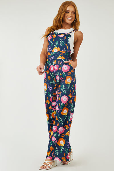 Navy Floral Print Tie Strap Woven Overalls