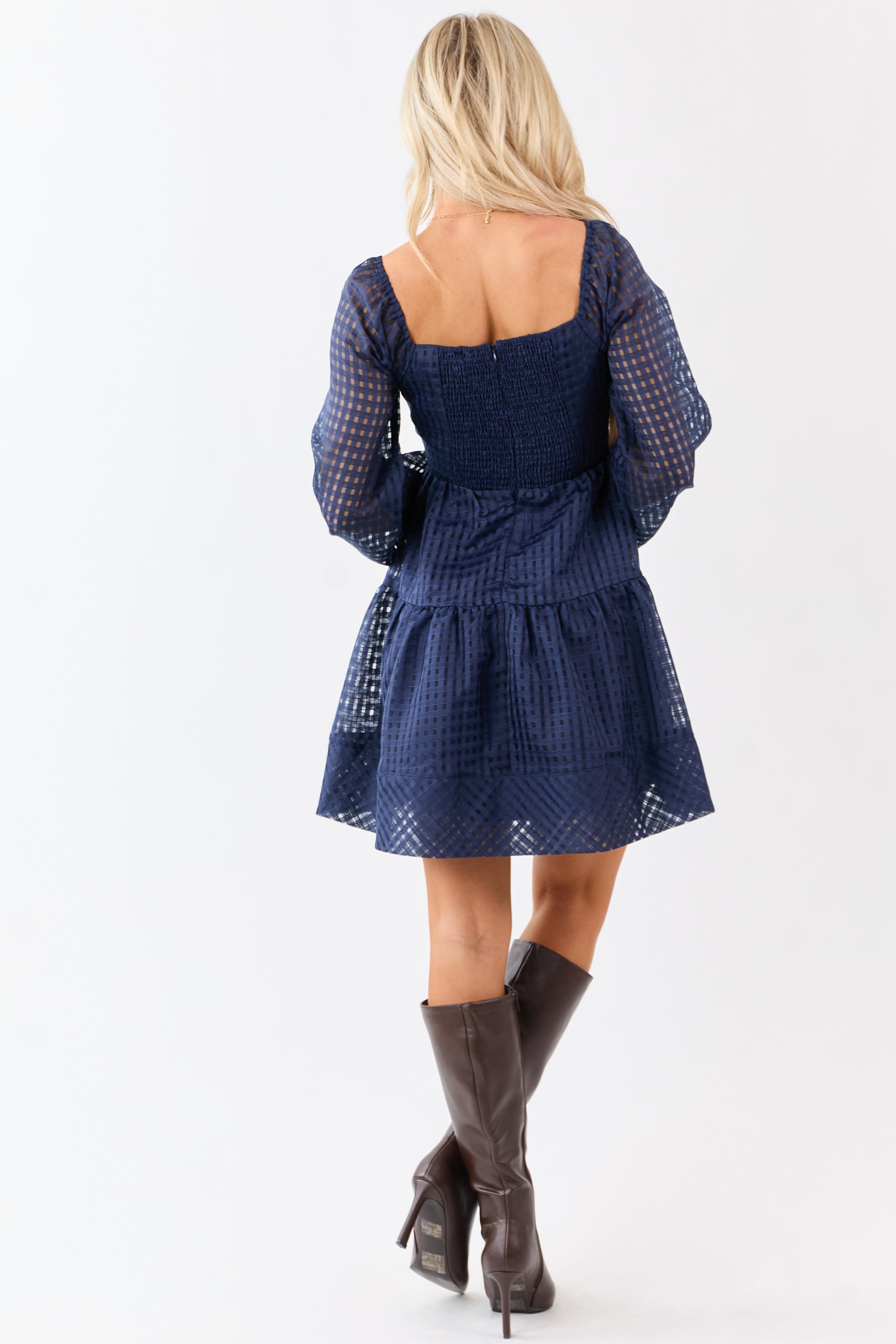 Navy Grid Pattern Sweetheart Neck Mini Dress