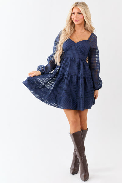 Navy Grid Pattern Sweetheart Neck Mini Dress