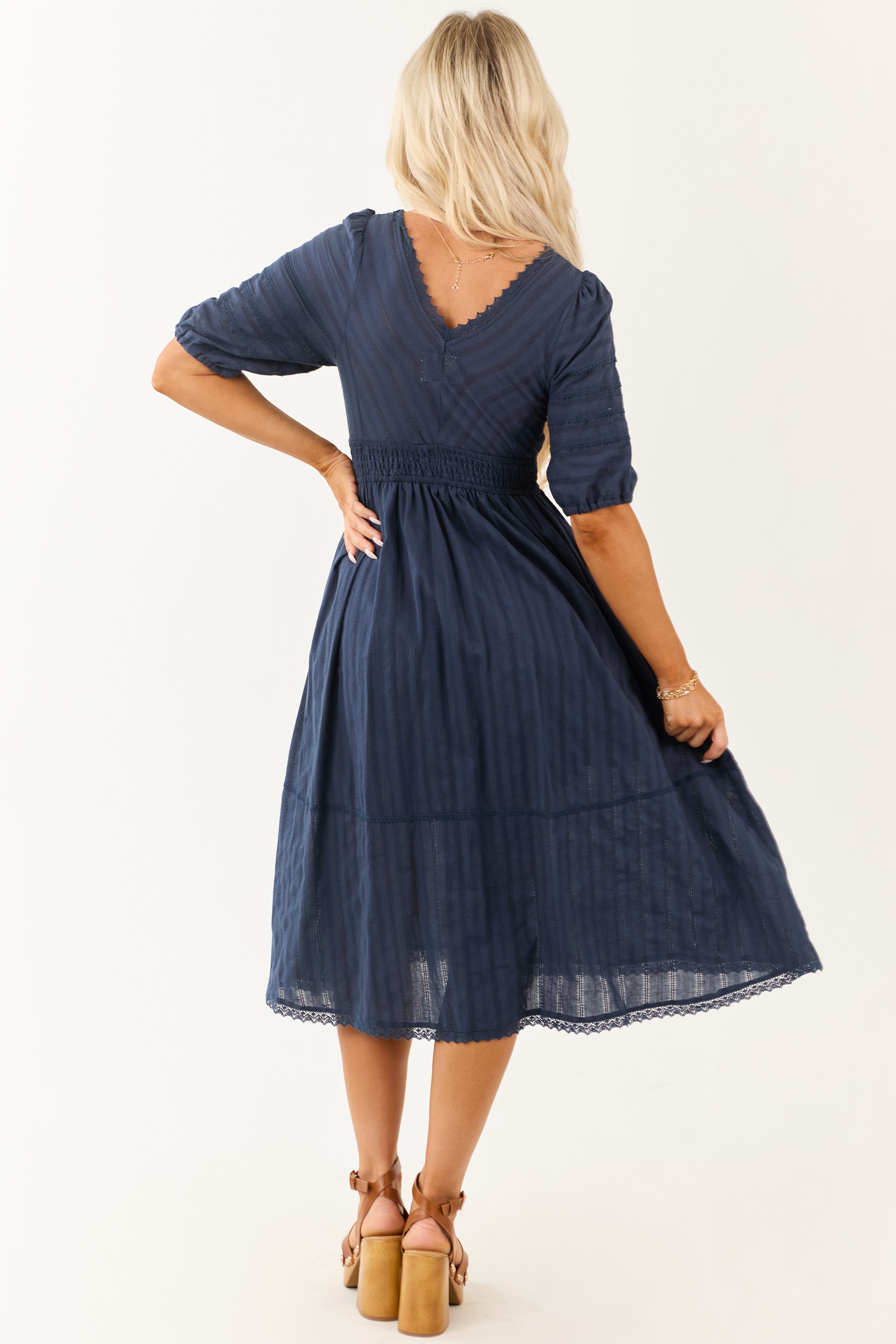 Navy Half Puff Sleeve Lace Trim Cotton Midi Dress