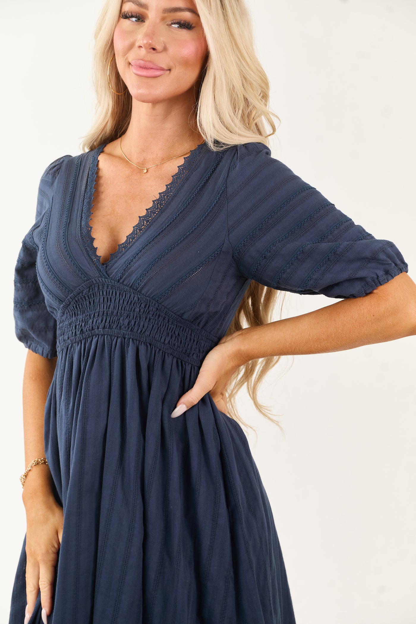 Navy Half Puff Sleeve Lace Trim Cotton Midi Dress