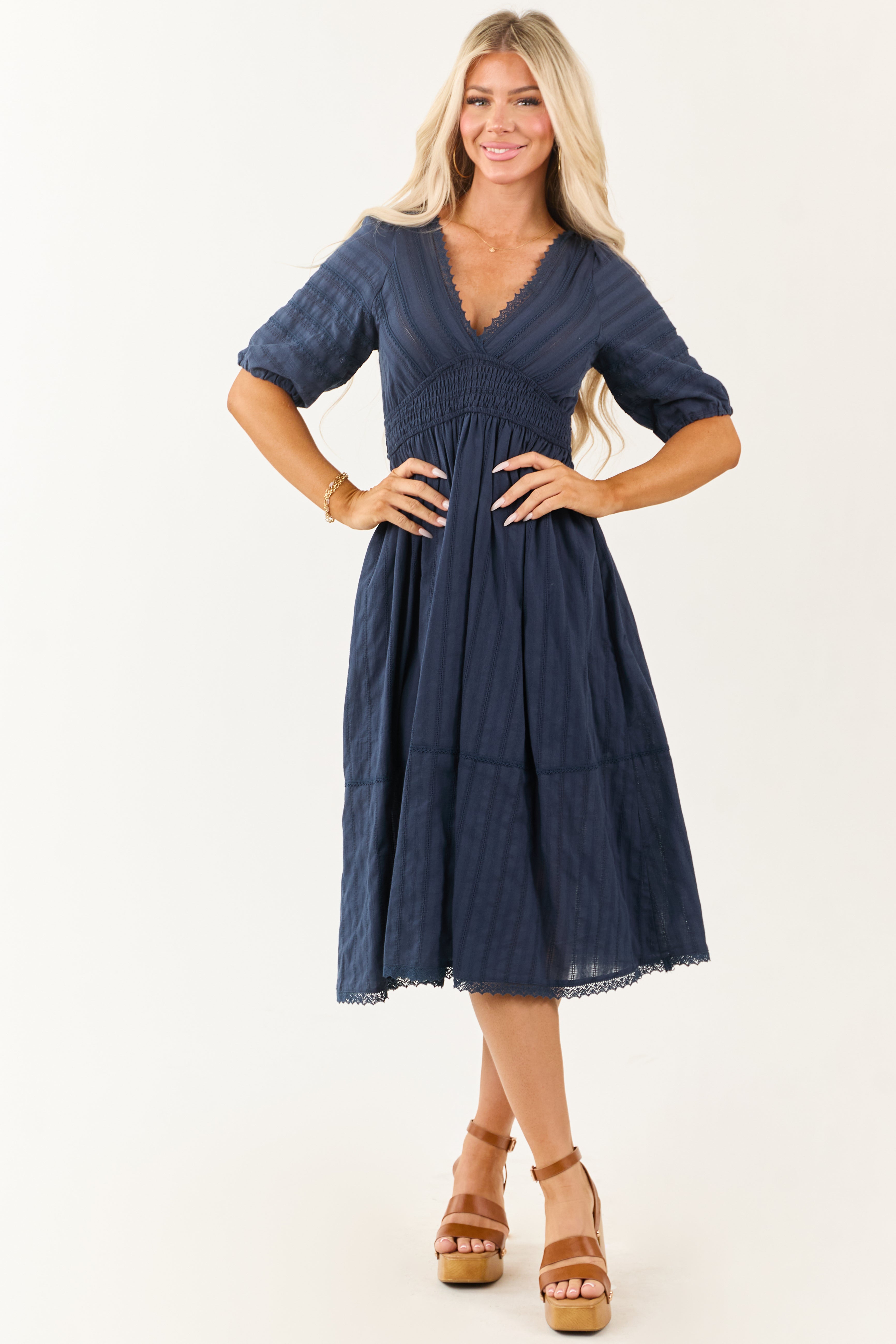 Navy Half Puff Sleeve Lace Trim Cotton Midi Dress | Lime Lush Boutique