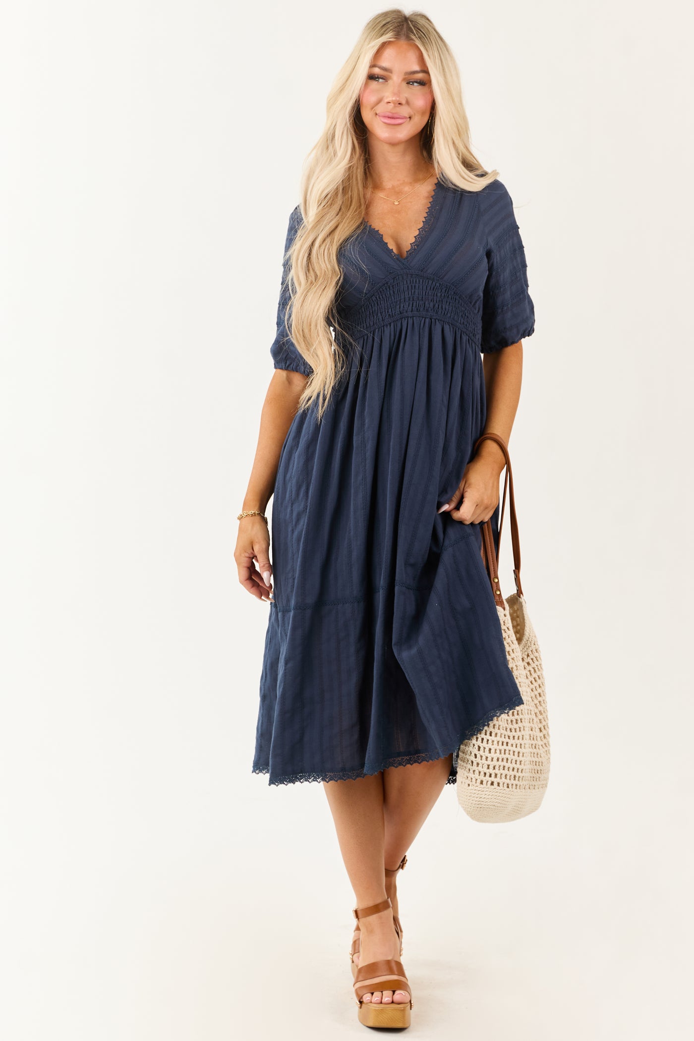 Navy Half Puff Sleeve Lace Trim Cotton Midi Dress