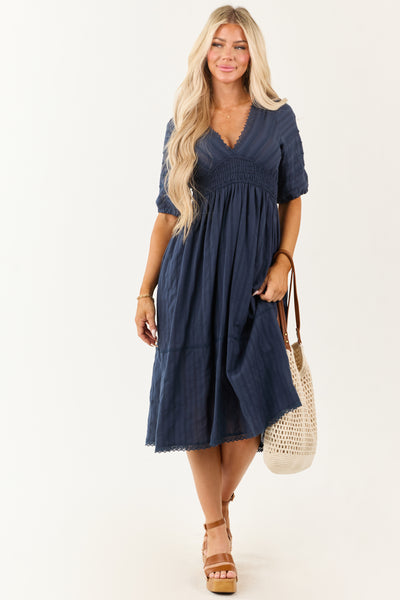 Navy Half Puff Sleeve Lace Trim Cotton Midi Dress