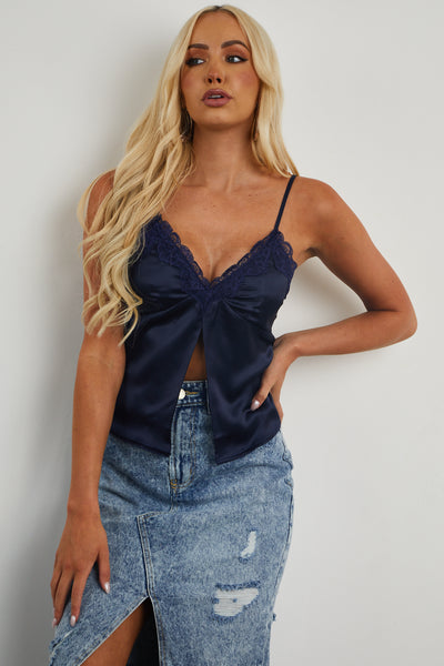 Navy Lace Trim Split Front Satin Cami
