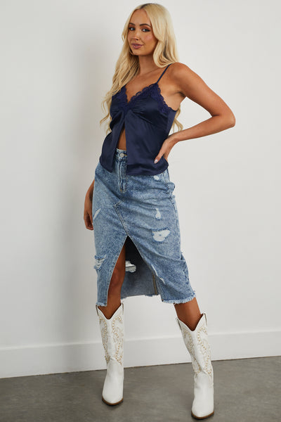 Navy Lace Trim Split Front Satin Cami