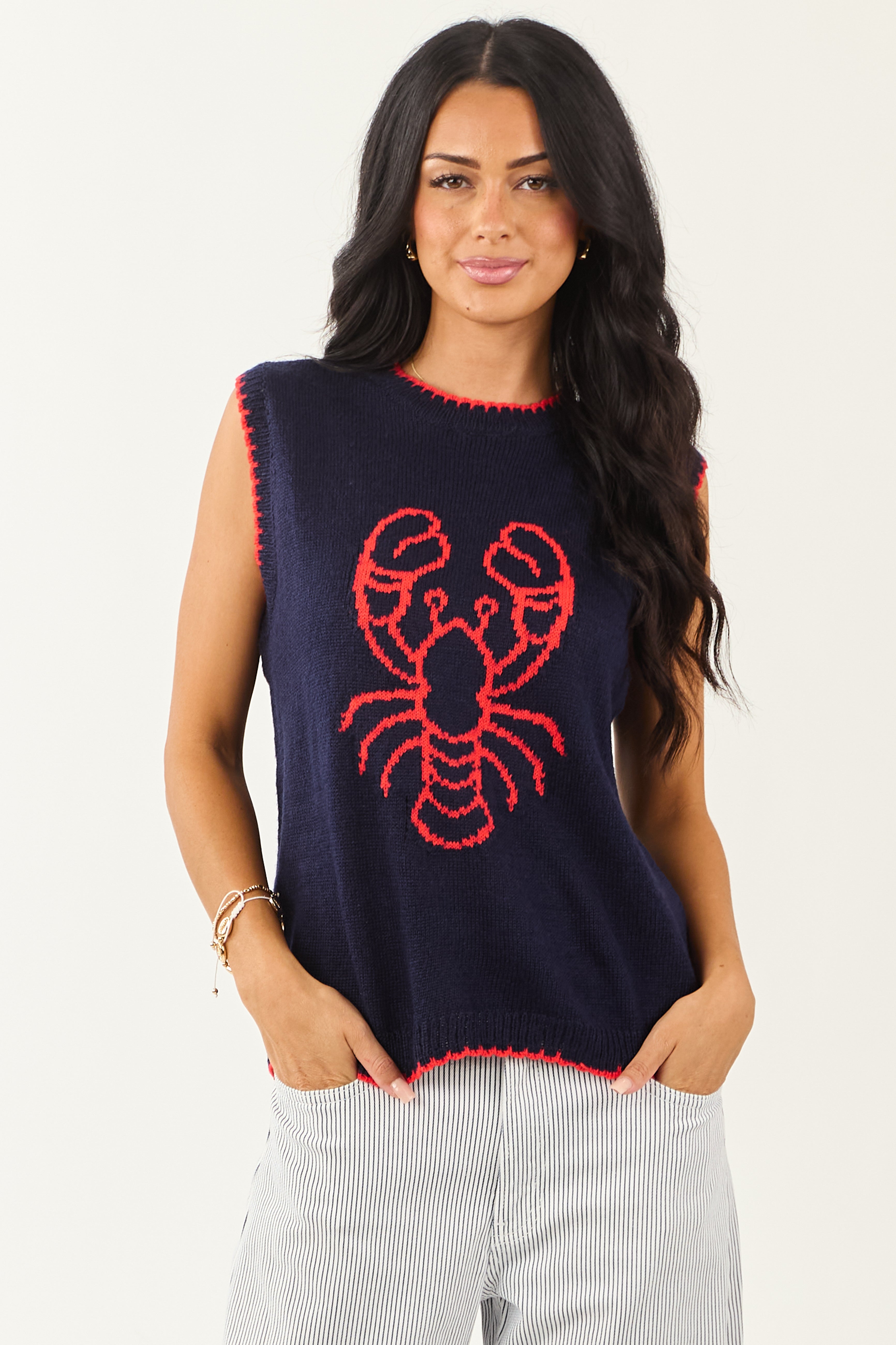 Navy Lobster Graphic Round Neck Knit Tank Top | Lime Lush Boutique