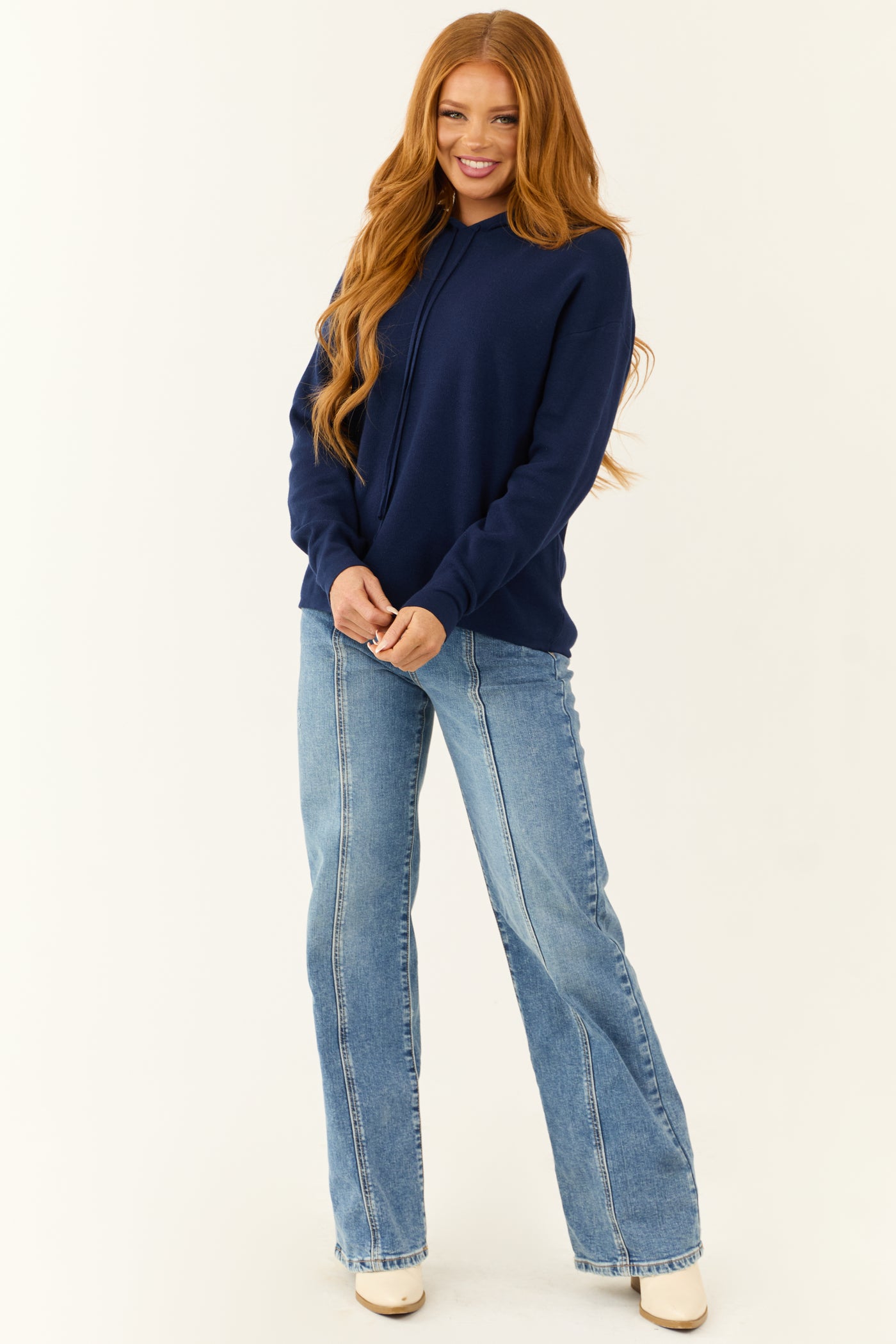 Navy Long Sleeve Knit Drawstring Hoodie