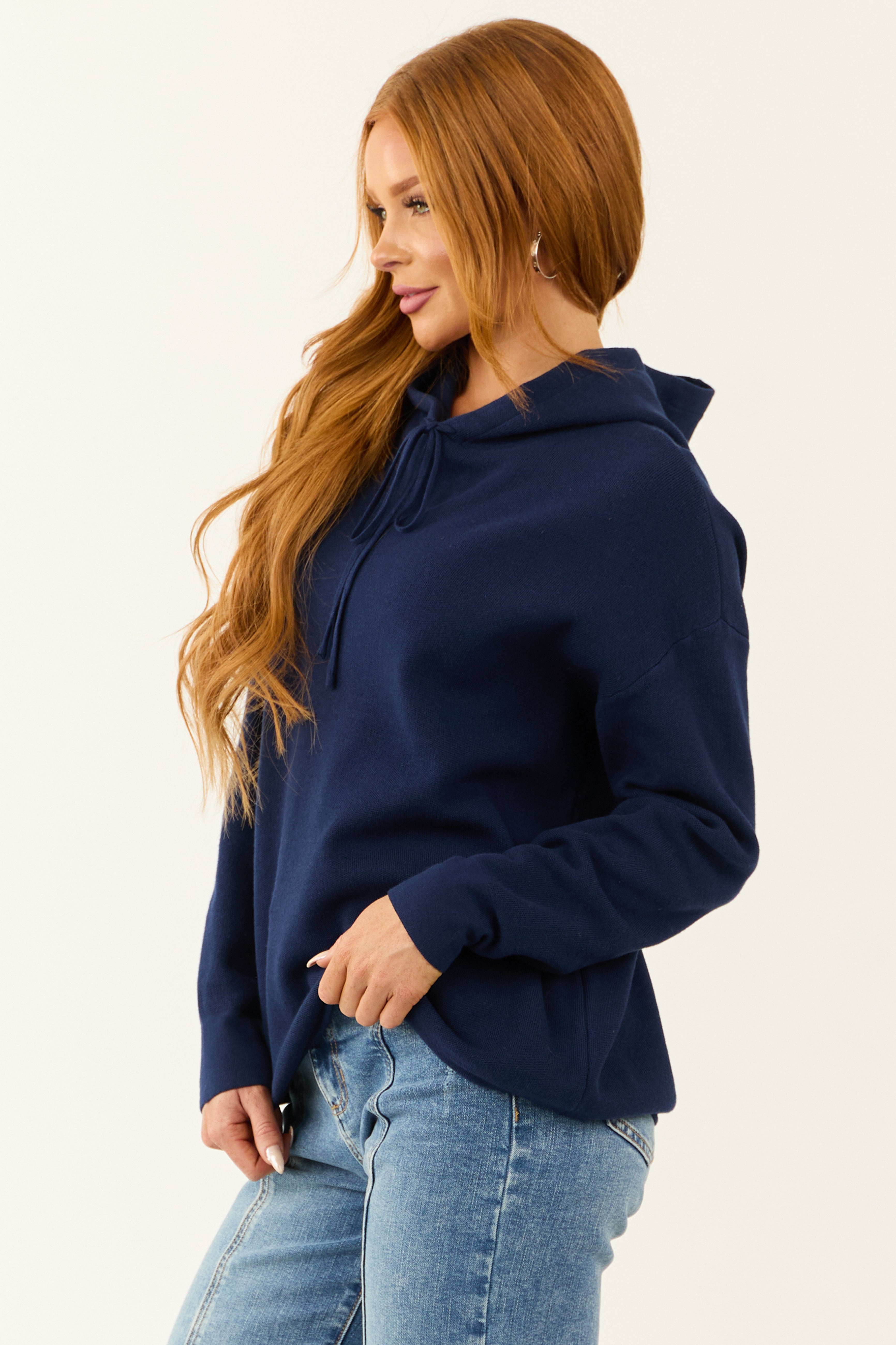 Navy Long Sleeve Knit Drawstring Hoodie
