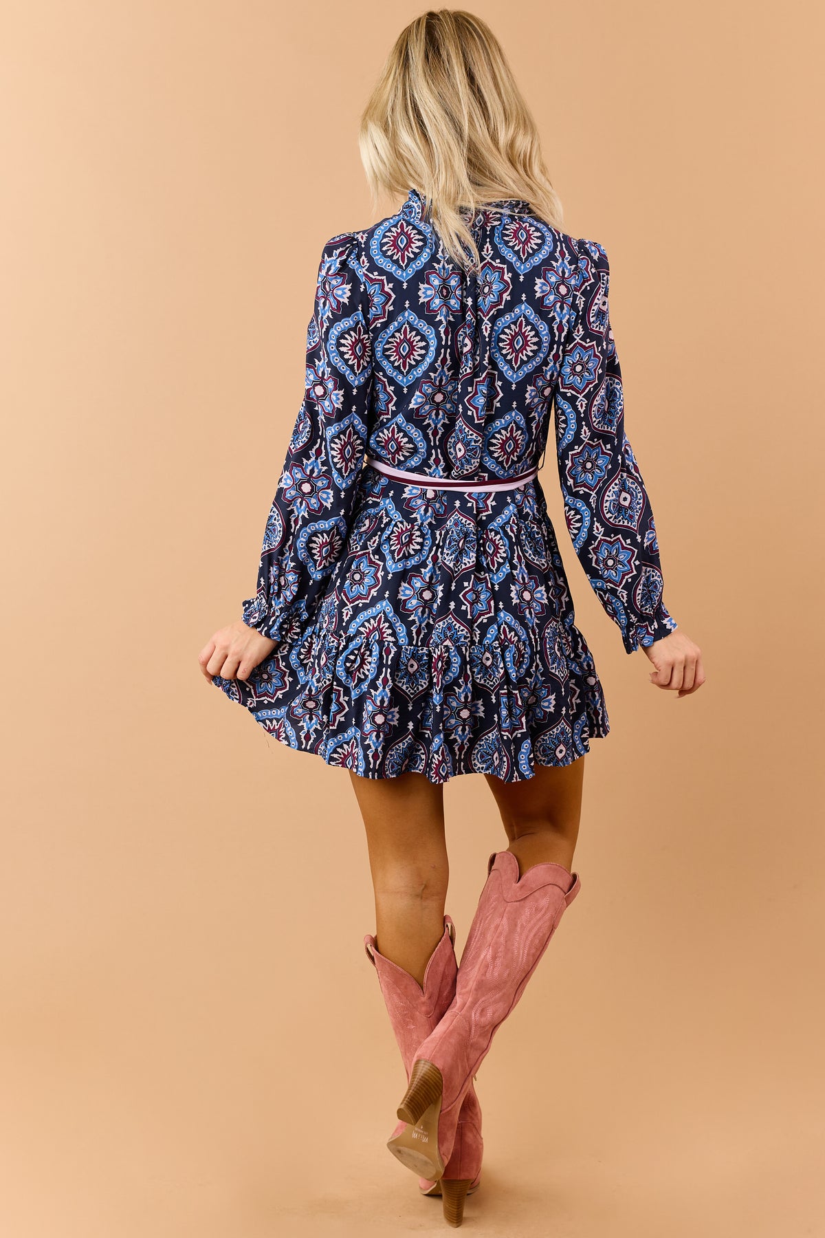 Navy Medallion Print Waist Tie Mini Shirt Dress