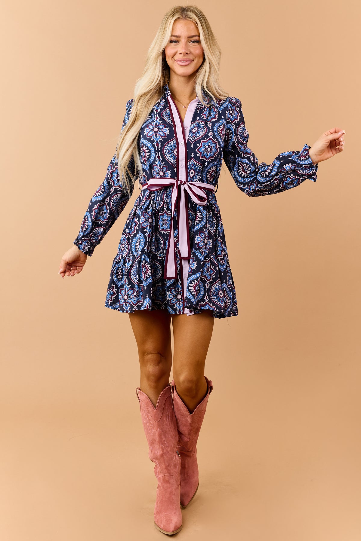 Navy Medallion Print Waist Tie Mini Shirt Dress