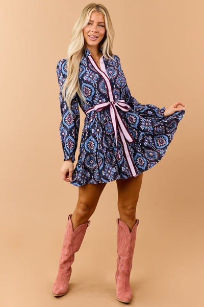 Navy Medallion Print Waist Tie Mini Shirt Dress