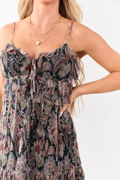 Navy Metallic Floral Plisse Front Tie Mini Dress