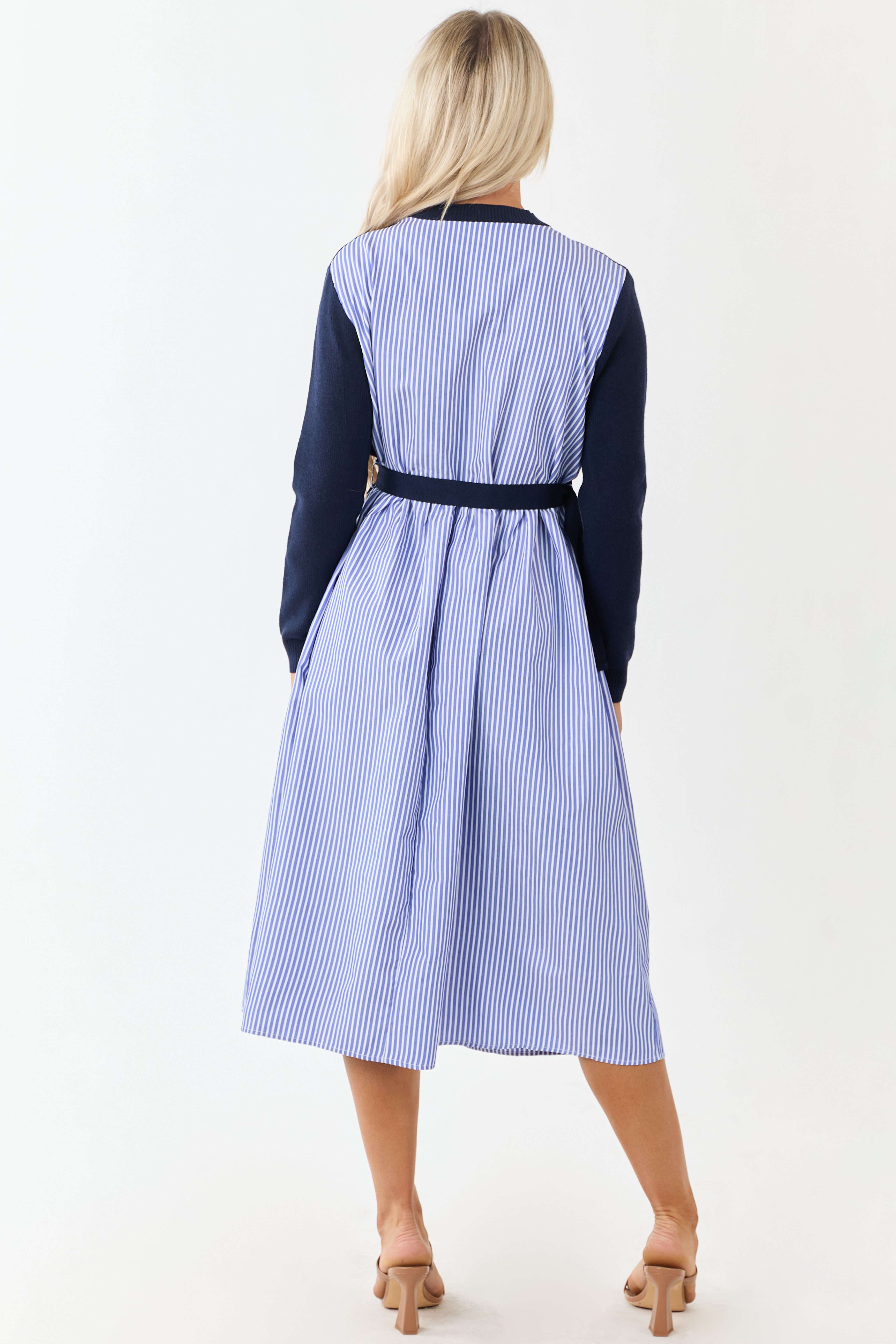 Navy Mock Neck Sweater Overlay Striped Midi Dress