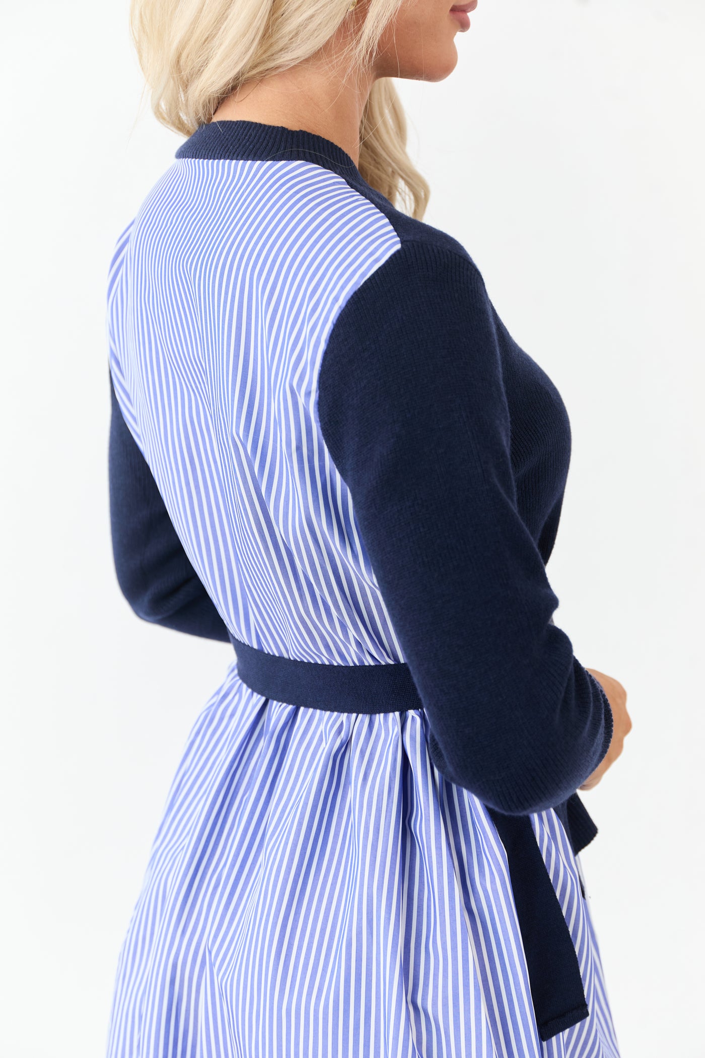 Navy Mock Neck Sweater Overlay Striped Midi Dress