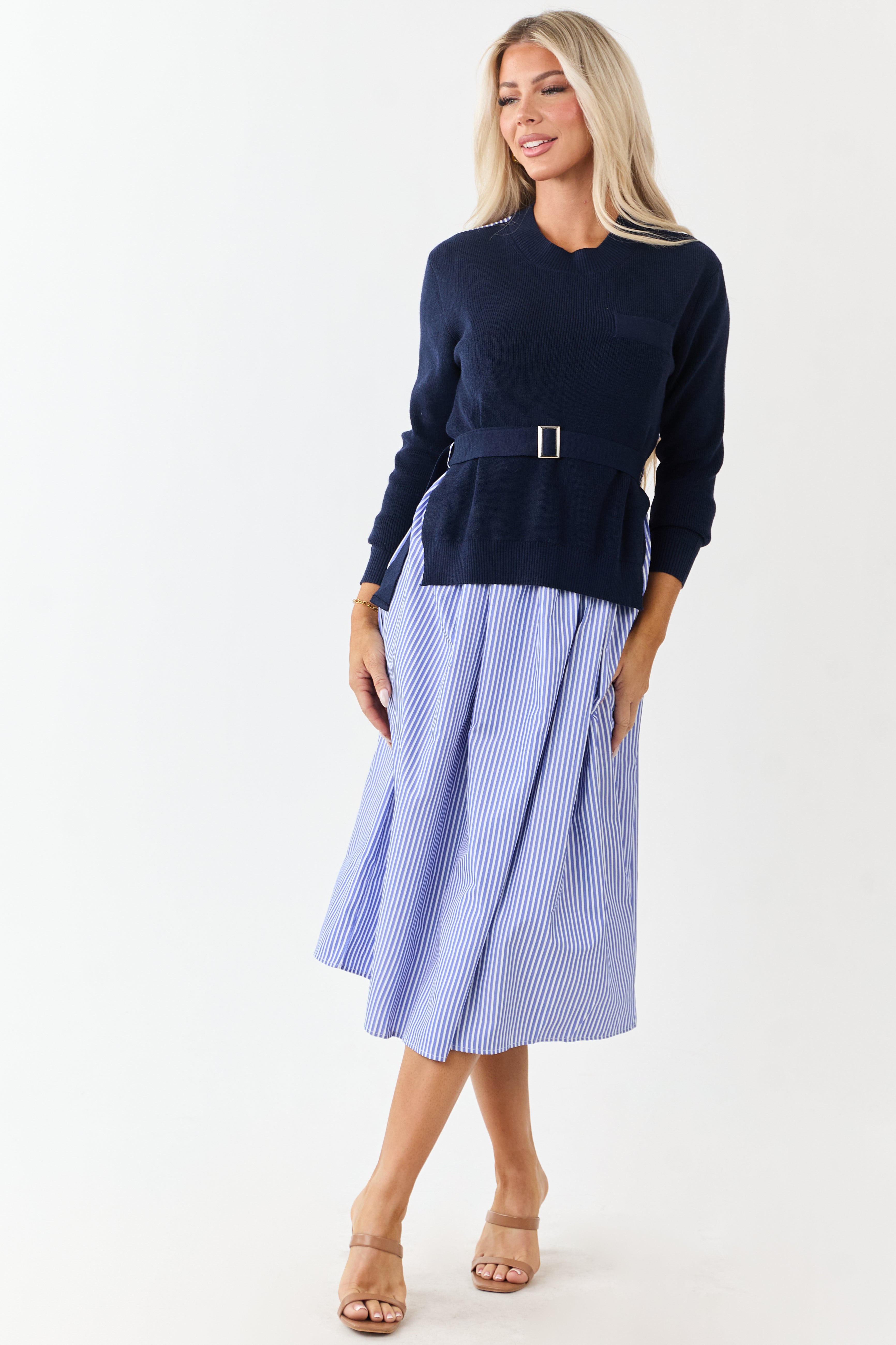 Navy Mock Neck Sweater Overlay Striped Midi Dress