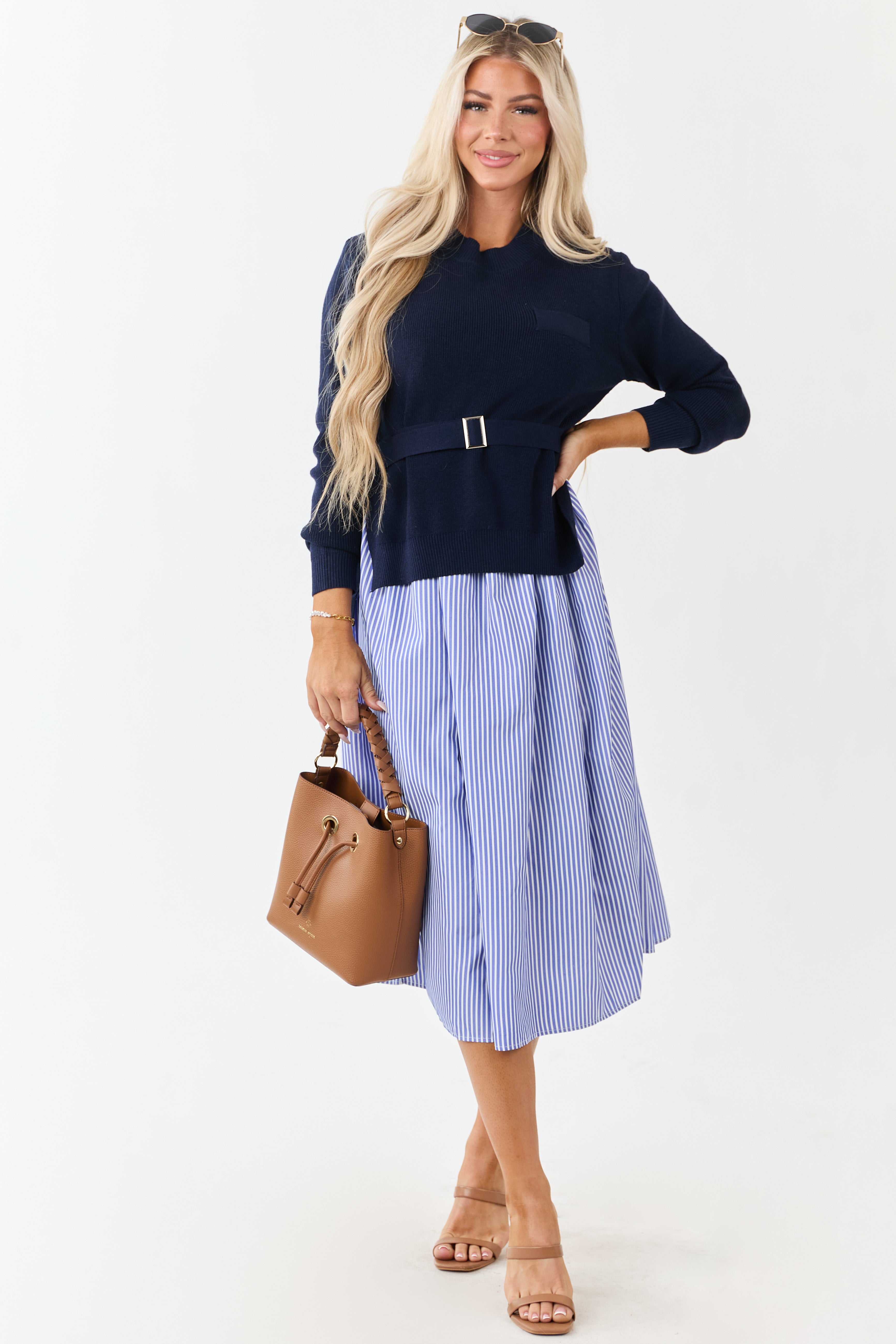 Navy Mock Neck Sweater Overlay Striped Midi Dress