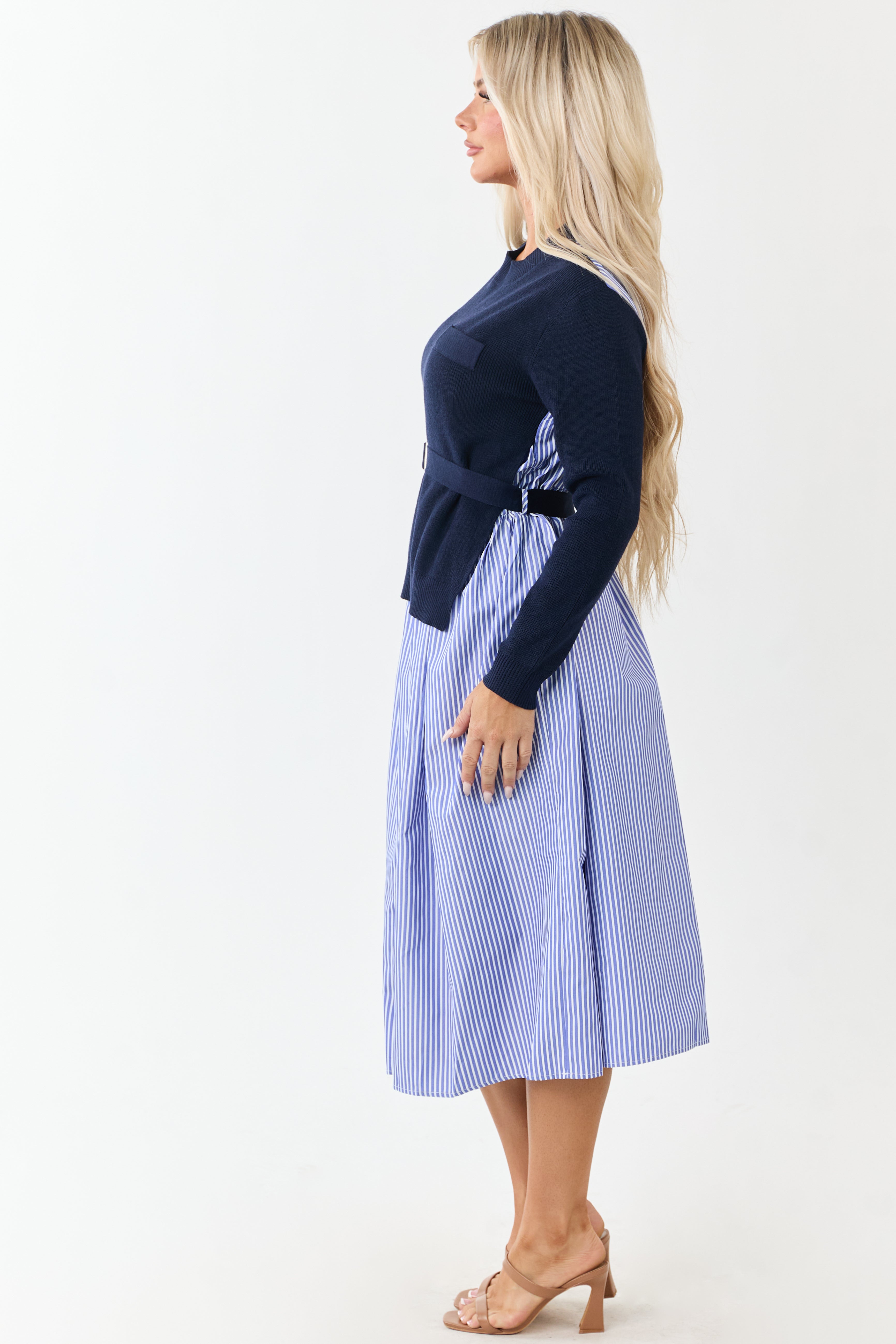 Navy Mock Neck Sweater Overlay Striped Midi Dress