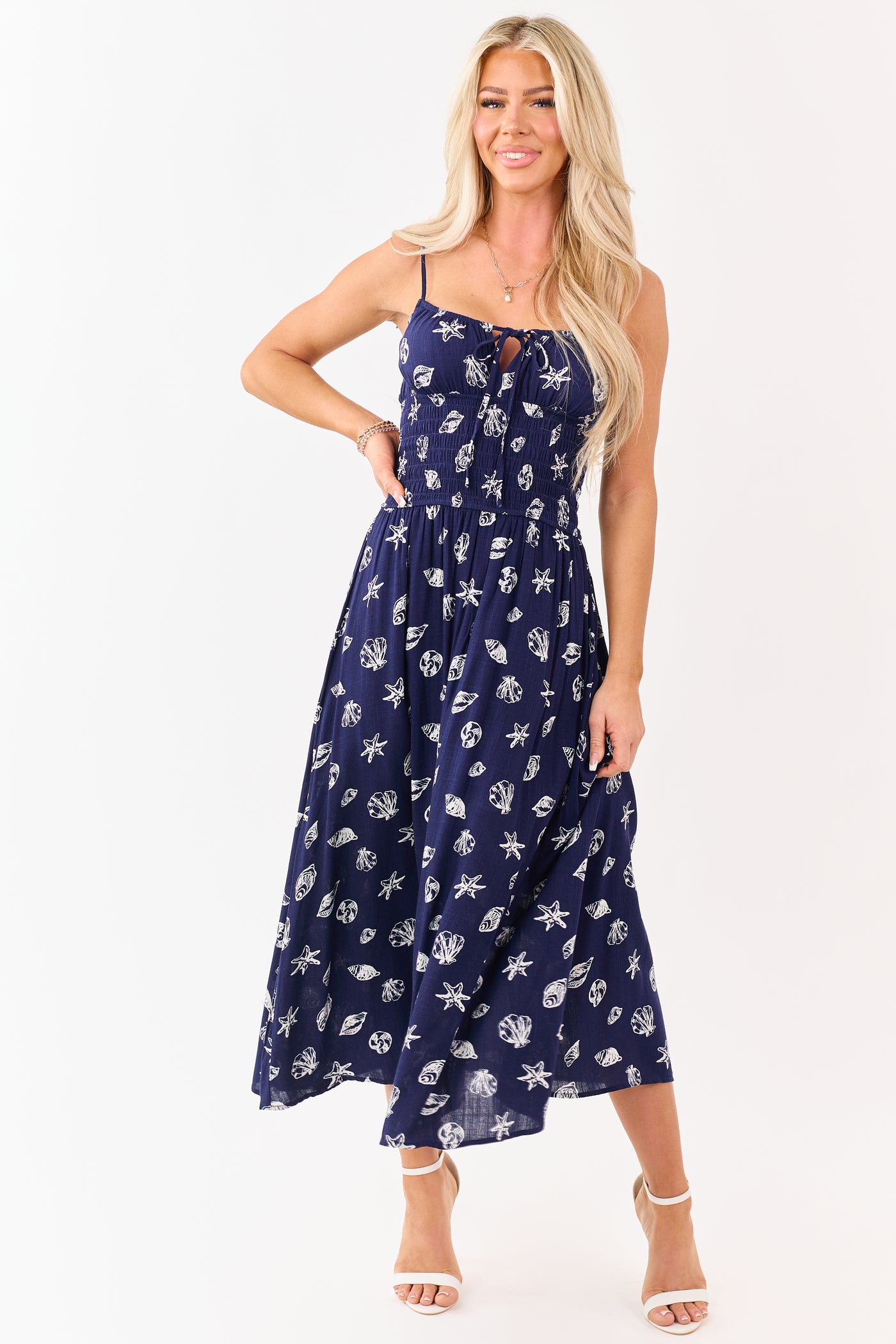 Navy Nautical Print Smocked Waist Midi Dress