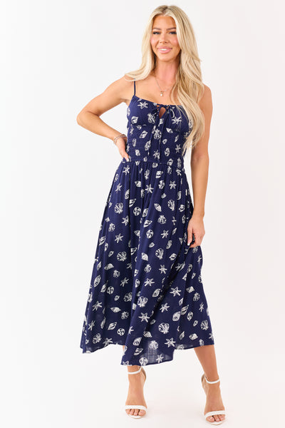 Navy Nautical Print Smocked Waist Midi Dress