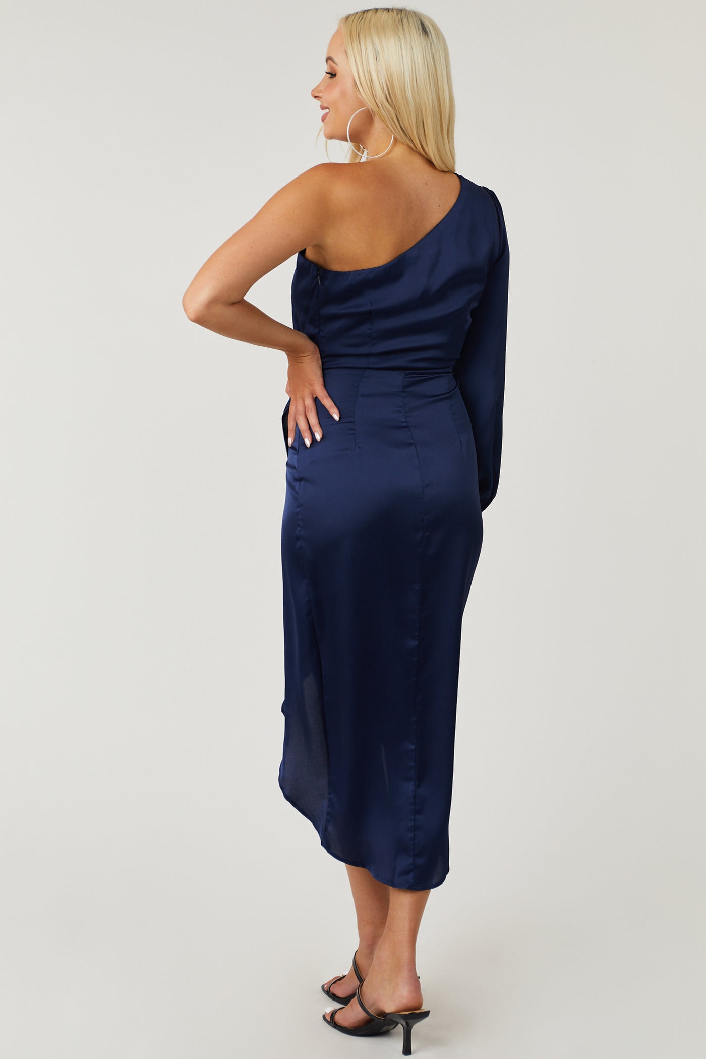 Navy One Shoulder Tulip Hem Satin Midi Dress