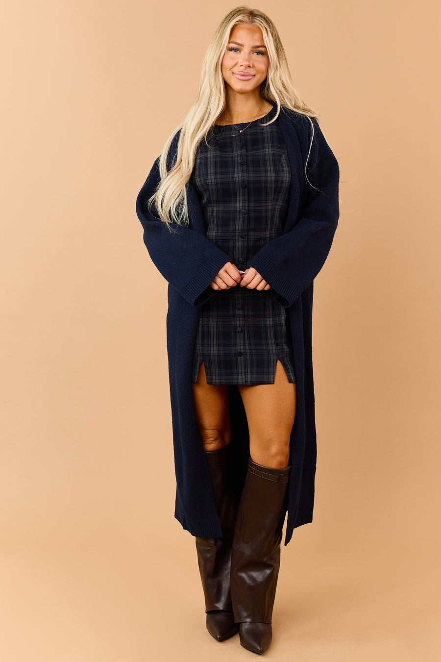 Navy Open Front Duster Sweater Cardigan