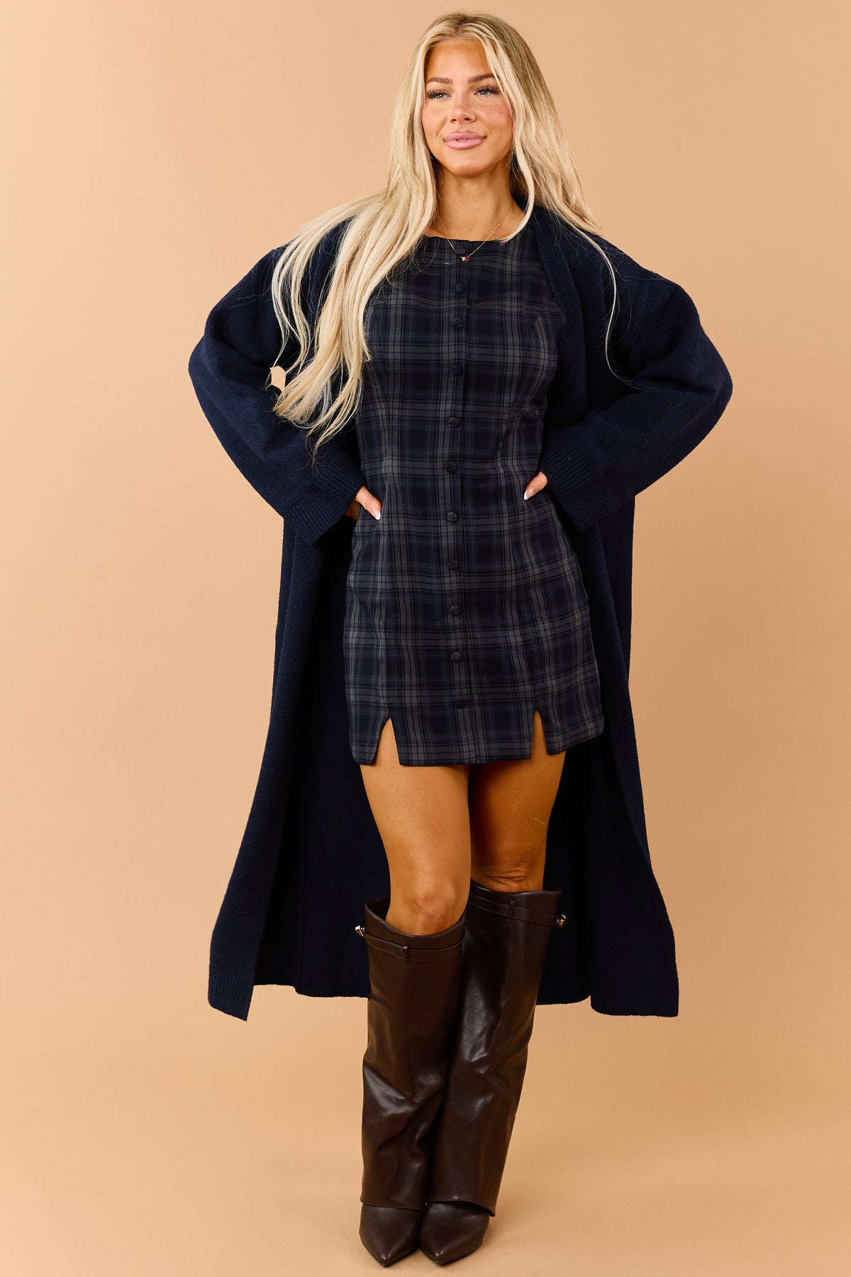 Navy Open Front Duster Sweater Cardigan