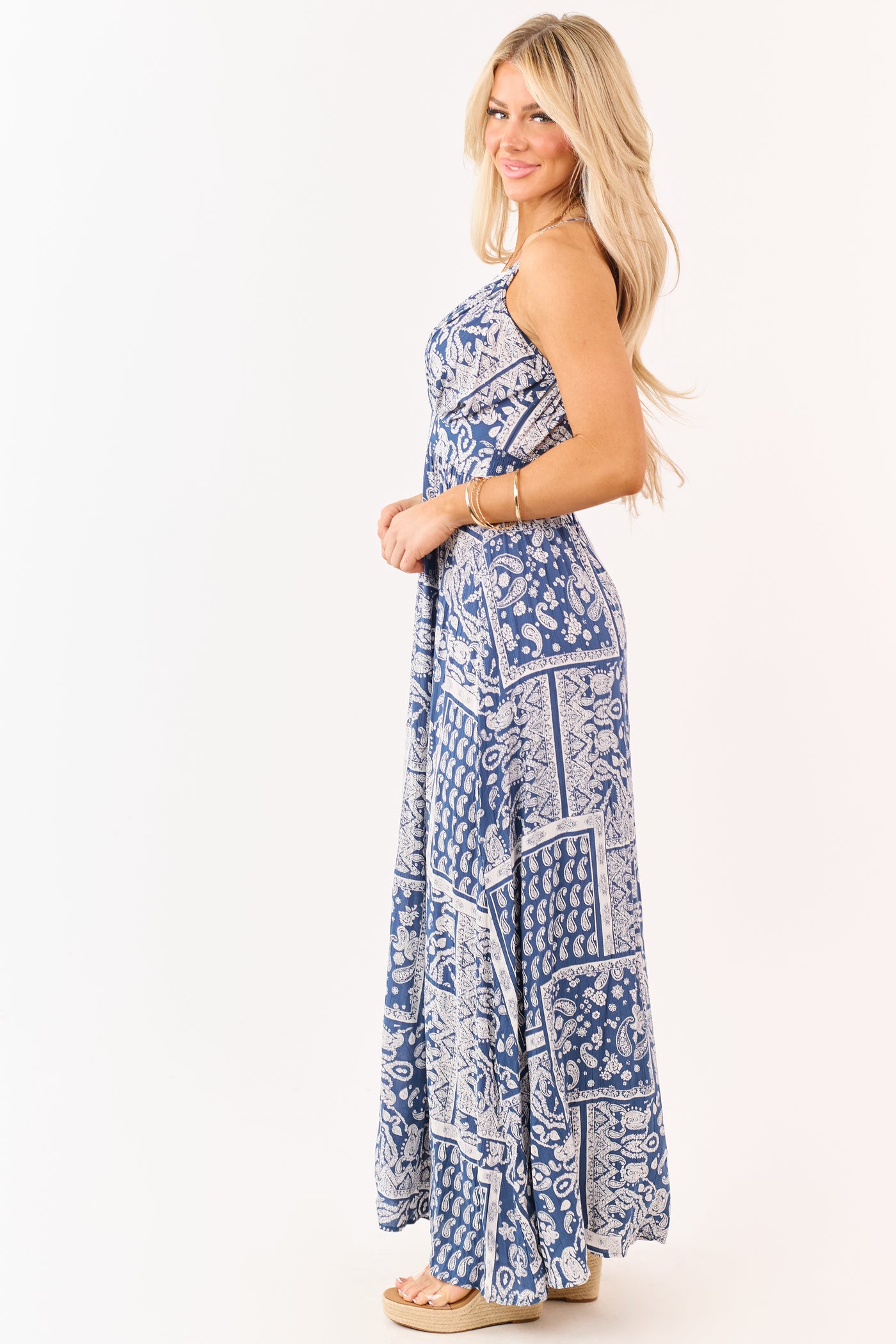 Navy Paisley Print Cross Strap V-Neck Maxi Dress