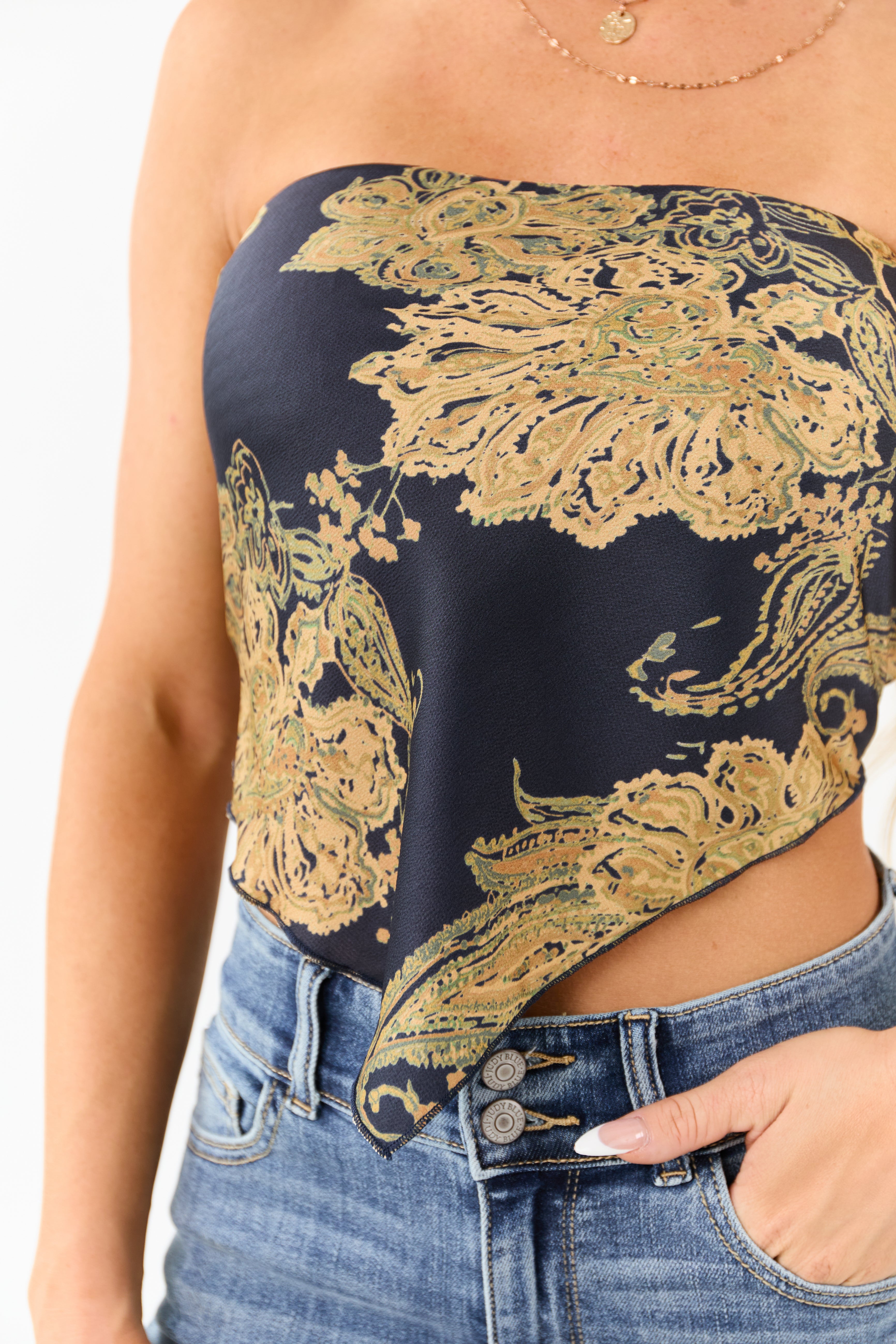 Navy Paisley Satin Bandana Smocked Strapless Top