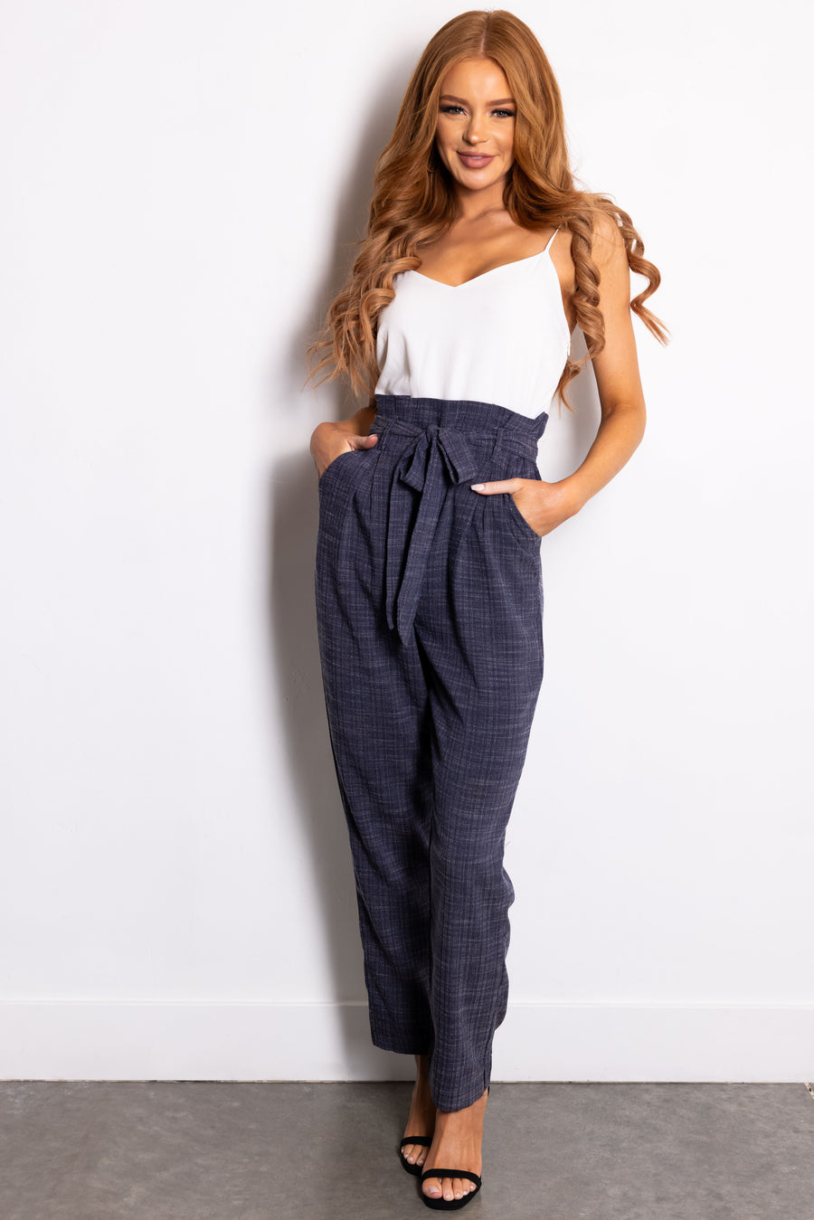 Navy Paperbag Jumpsuit with Contrast Top