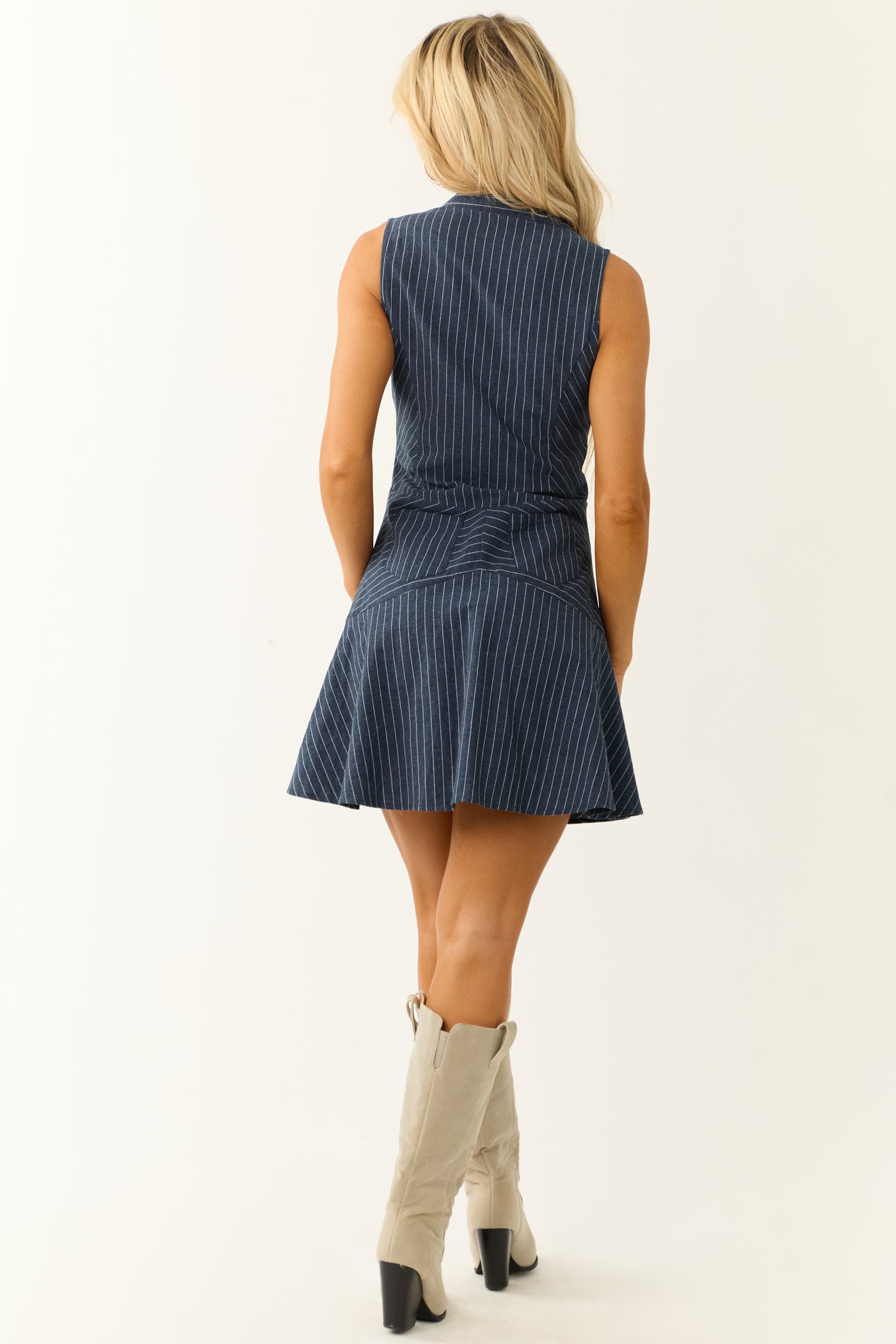Navy Pinstripe Button Up Linen Short Dress - S Navy Pinstripe Button Up Linen Short Dress - S