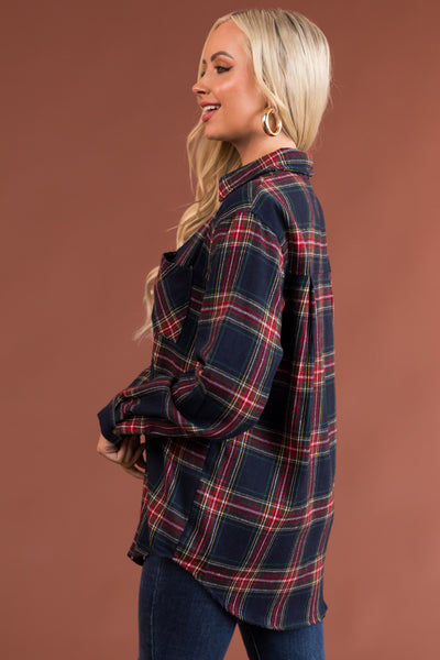 Navy Plaid Button Down Long Sleeve Flannel