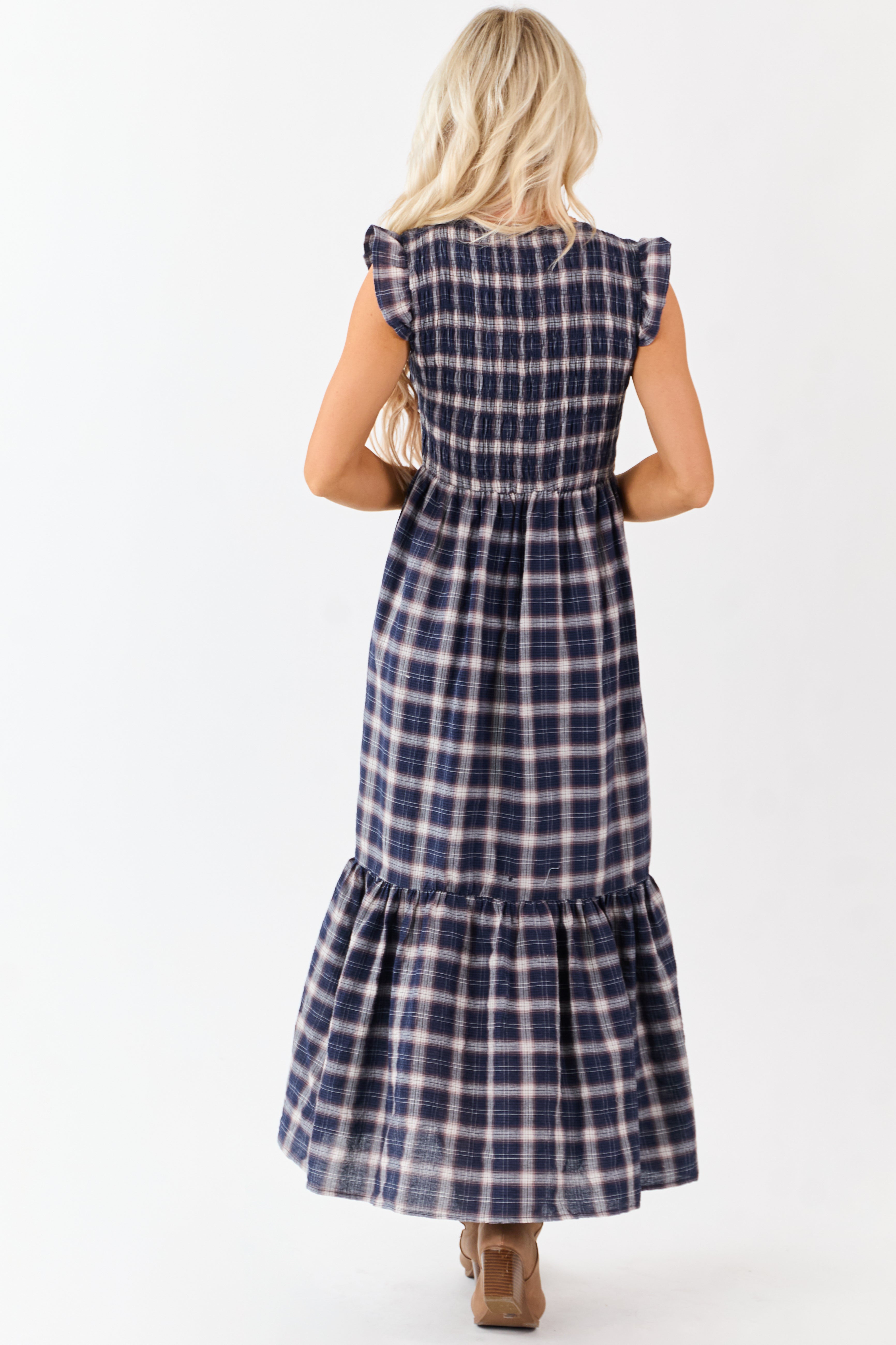 Navy Plaid Button Down Smocked Cotton Midi Dress