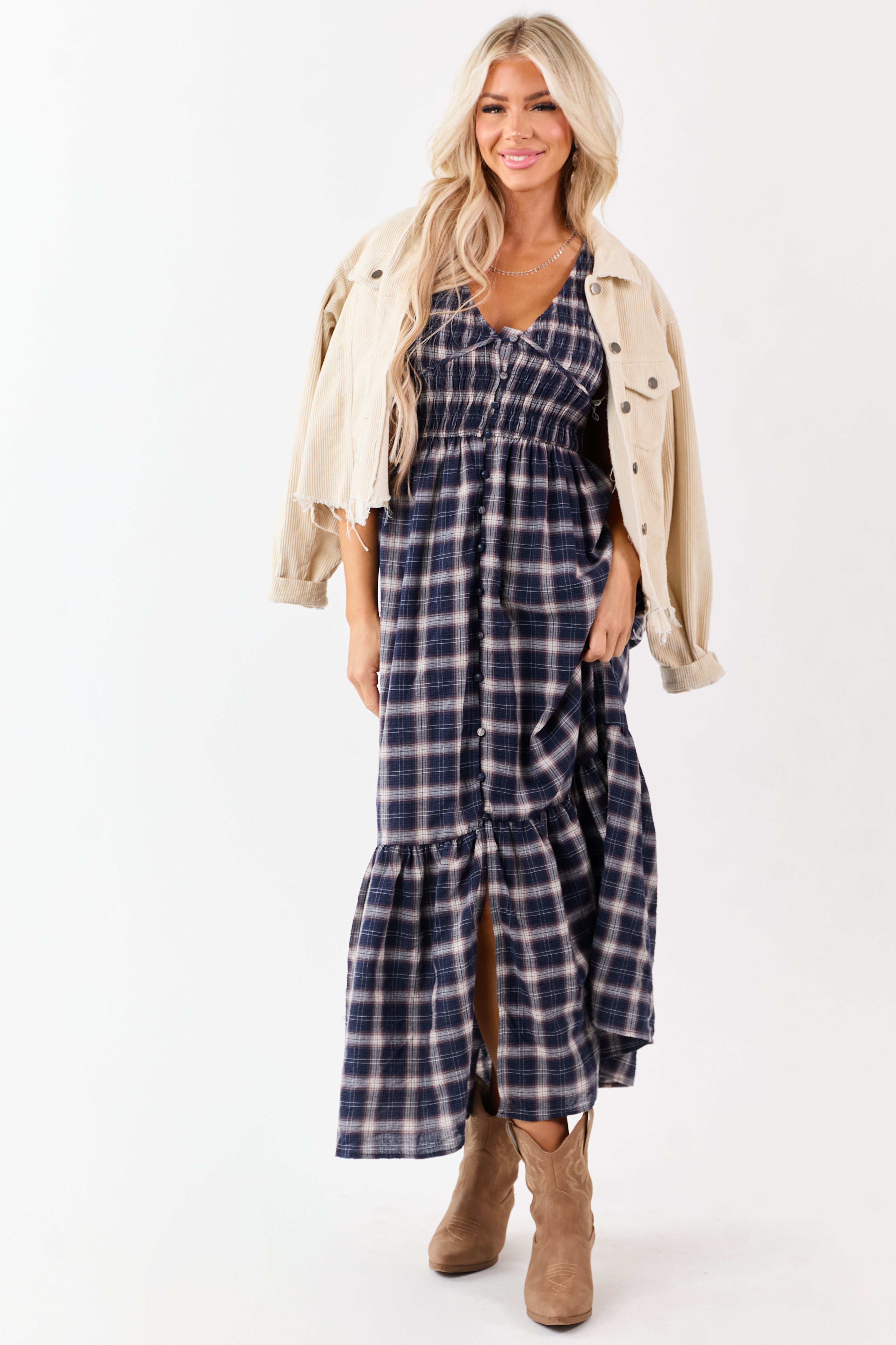 Navy Plaid Button Down Smocked Cotton Midi Dress
