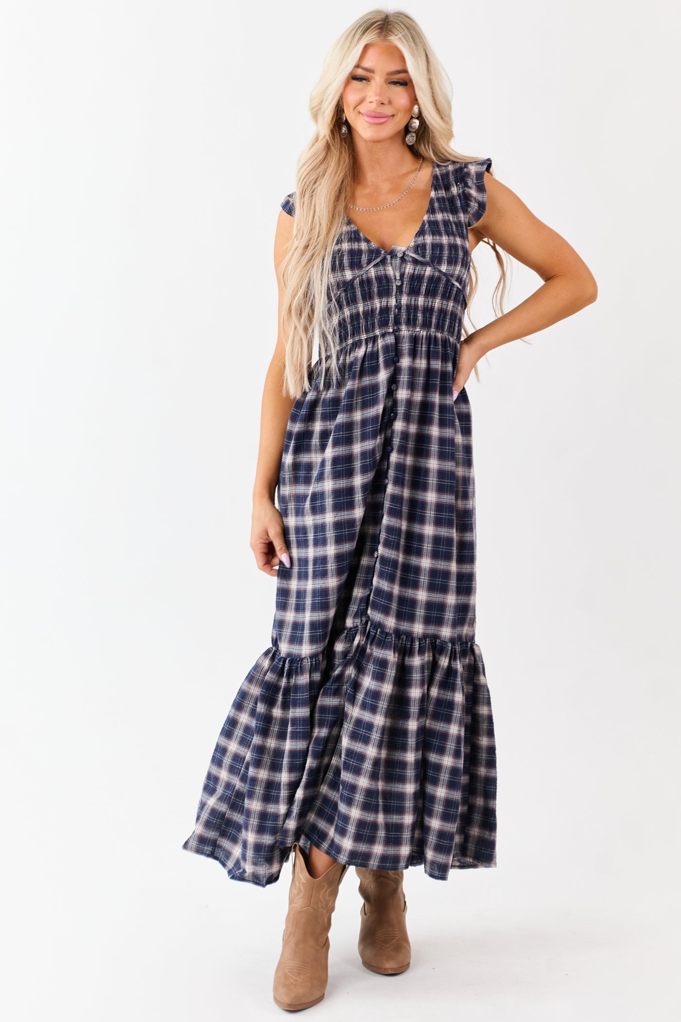 Navy Plaid Button Down Smocked Cotton Midi Dress Navy Plaid Button Down Smocked Cotton Midi Dress
