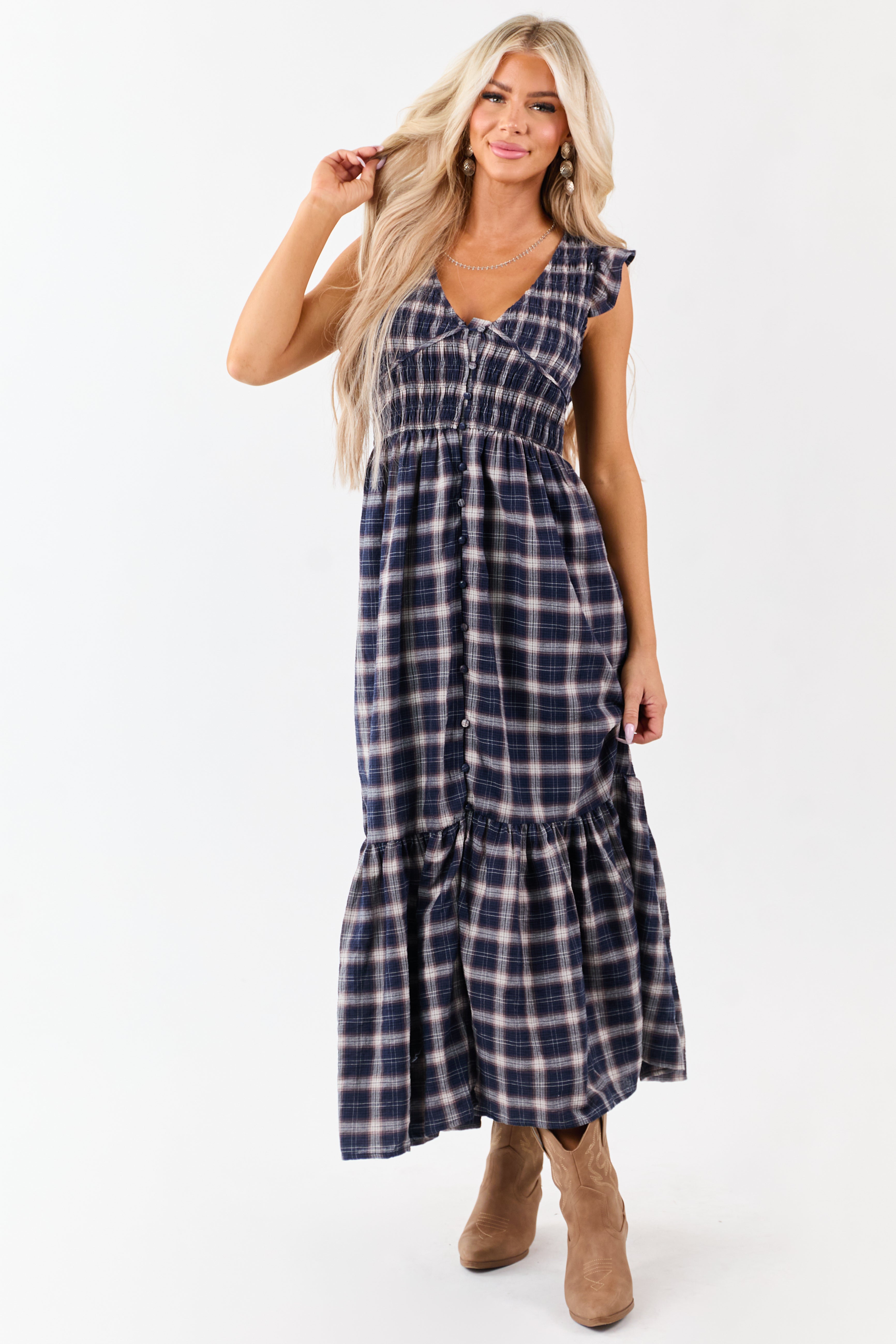 Navy Plaid Button Down Smocked Cotton Midi Dress