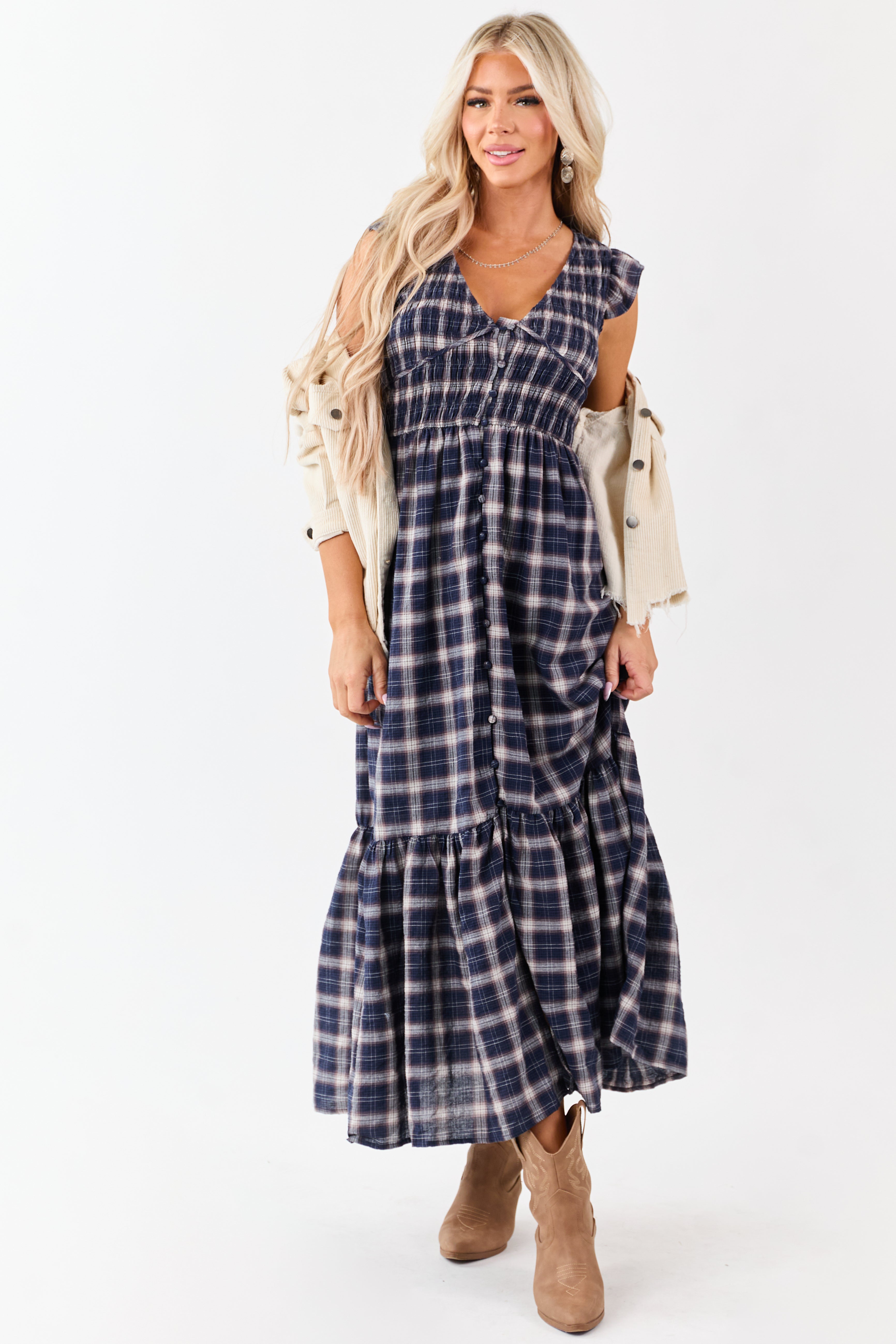 Navy Plaid Button Down Smocked Cotton Midi Dress