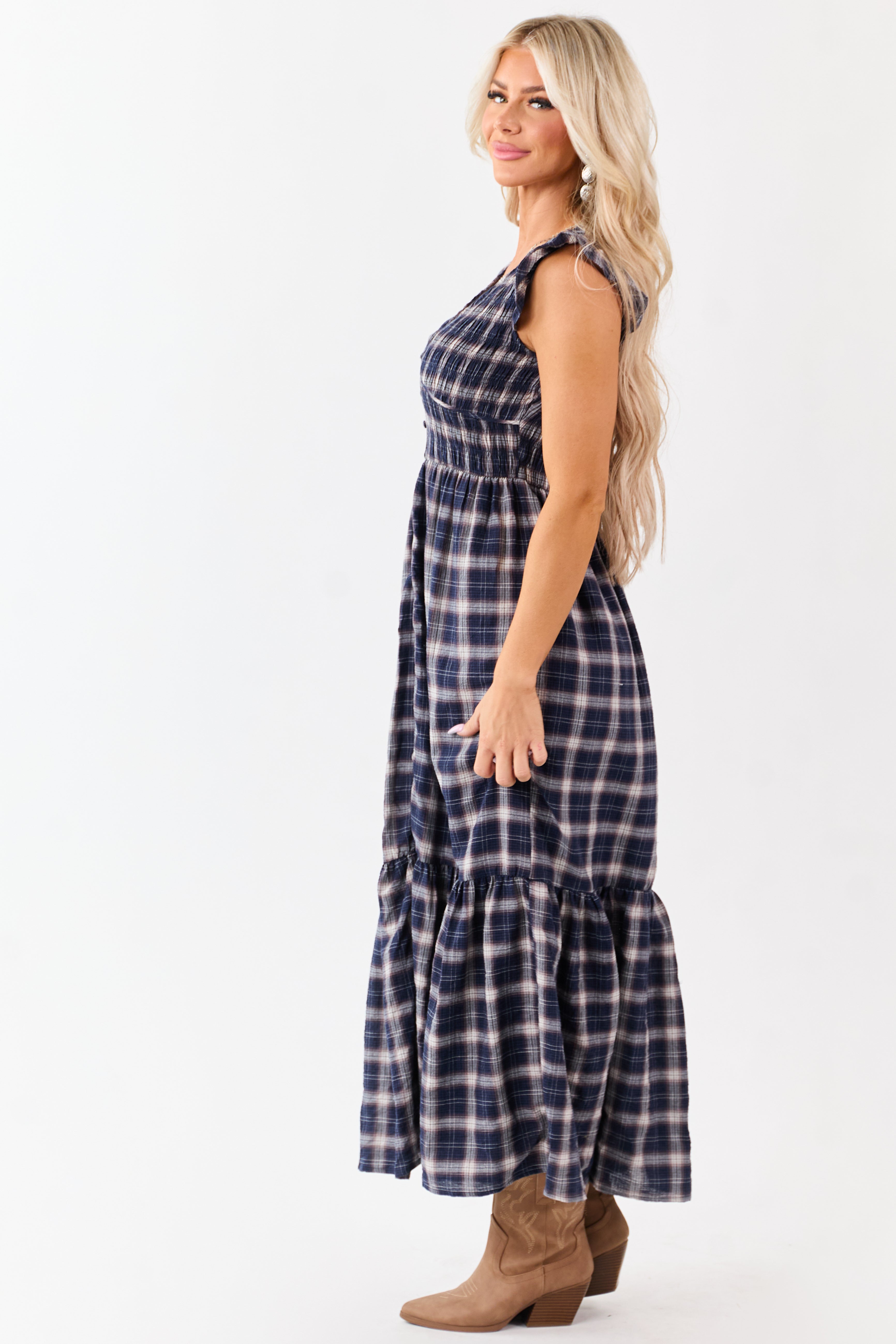 Navy Plaid Button Down Smocked Cotton Midi Dress