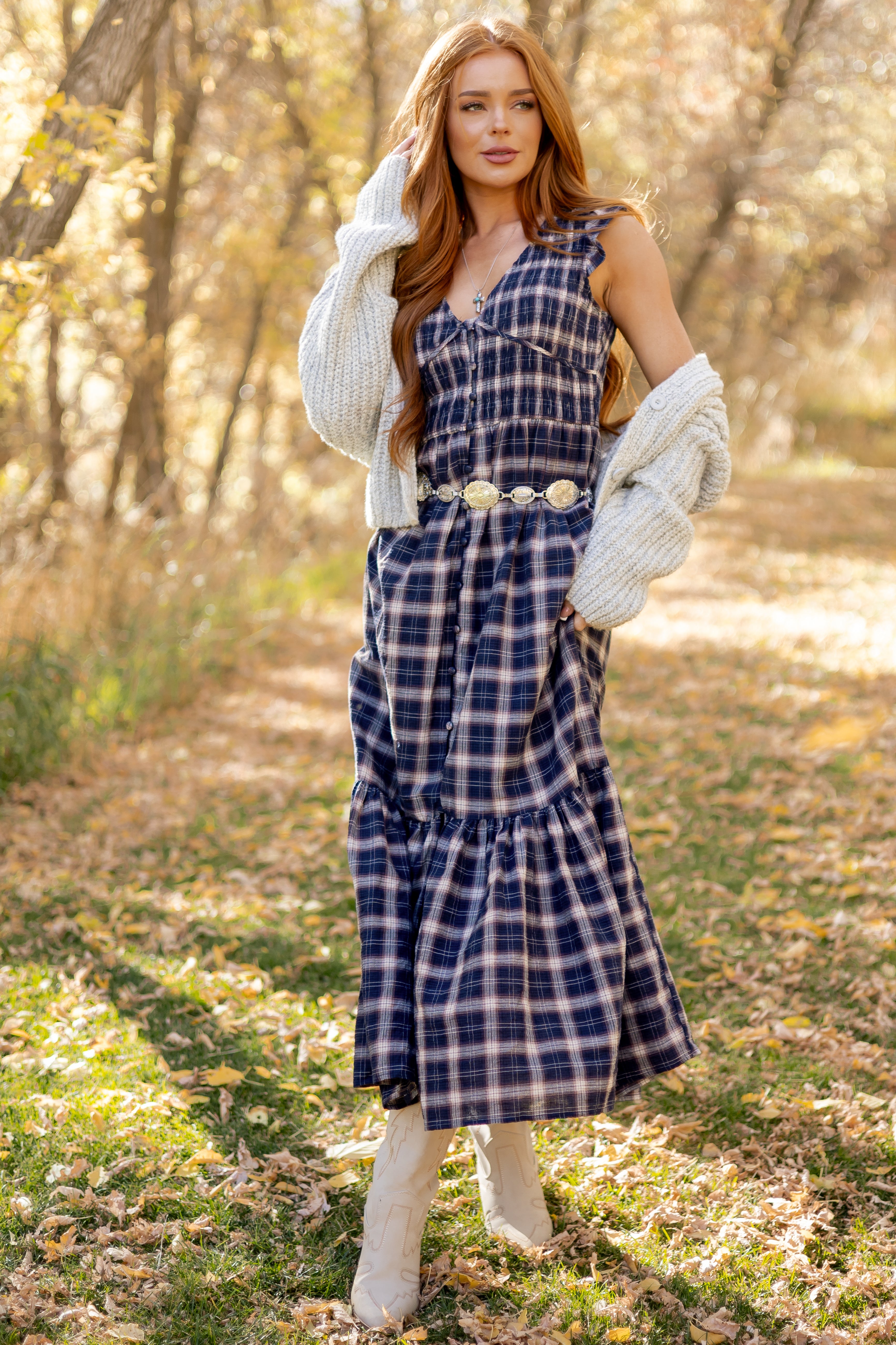 Navy Plaid Button Down Smocked Cotton Midi Dress Navy Plaid Button Down Smocked Cotton Midi Dress