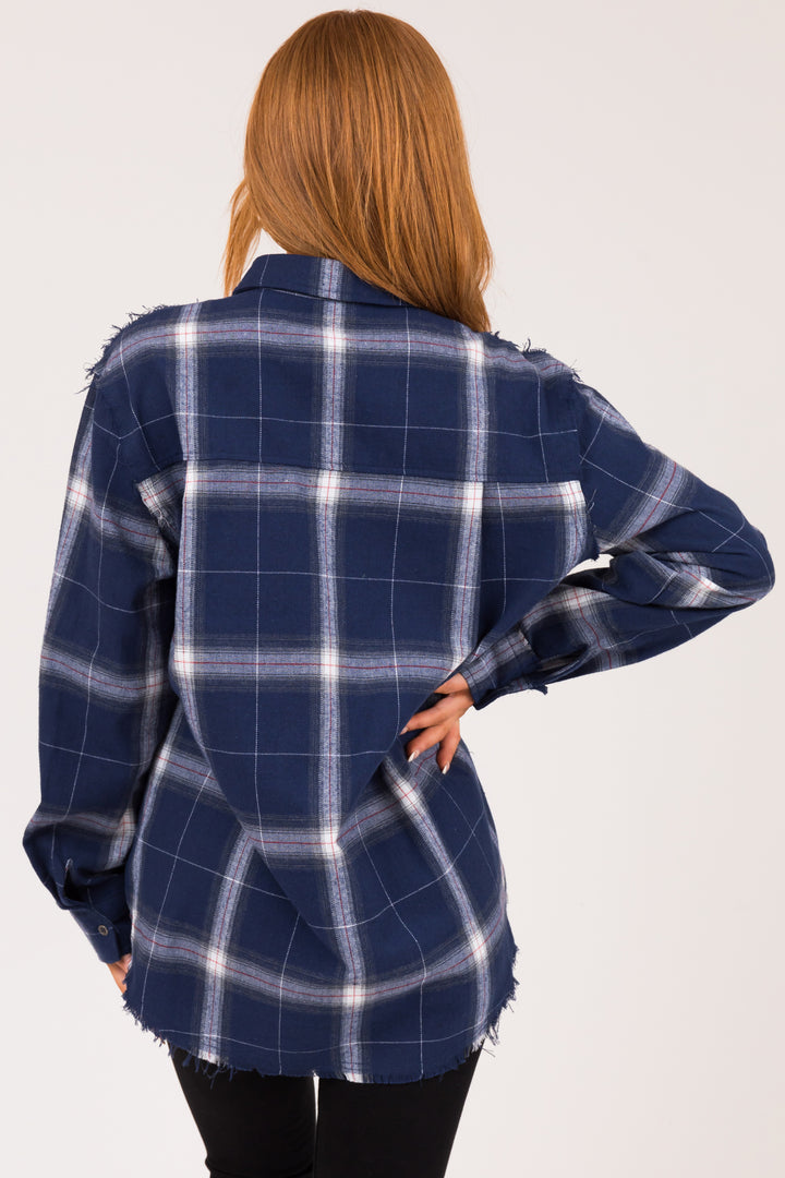 Navy Plaid Button Up Collared Flannel Top