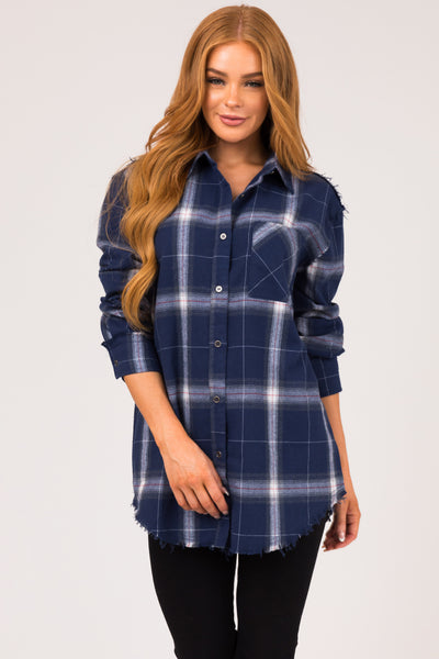 Navy Plaid Button Up Collared Flannel Top