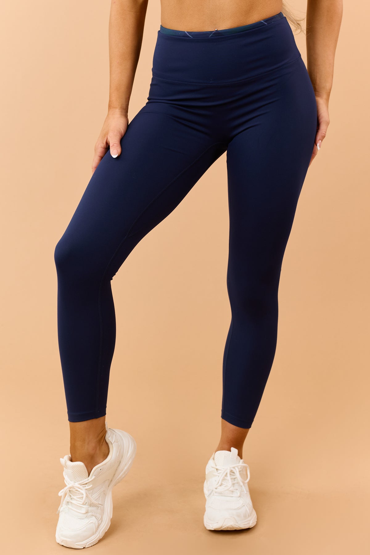 Navy Plaid Contrast Trim High Rise Leggings