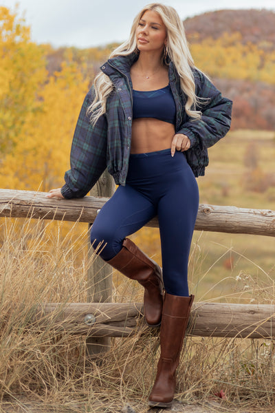 Navy Plaid Contrast Trim High Rise Leggings