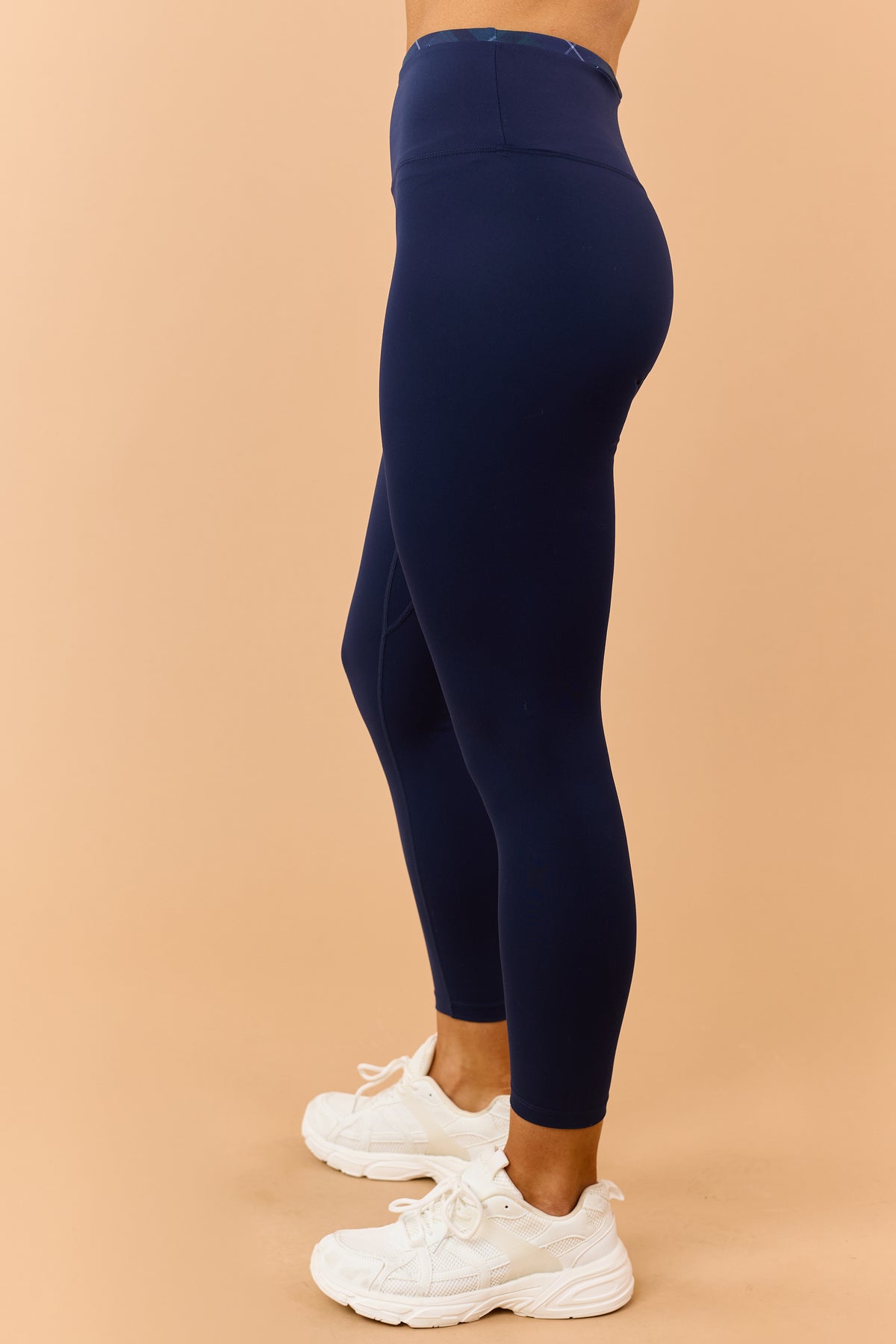 Navy Plaid Contrast Trim High Rise Leggings