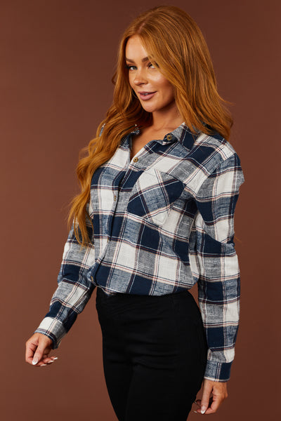 Navy Plaid Cotton Lightweight Shirt Jacket